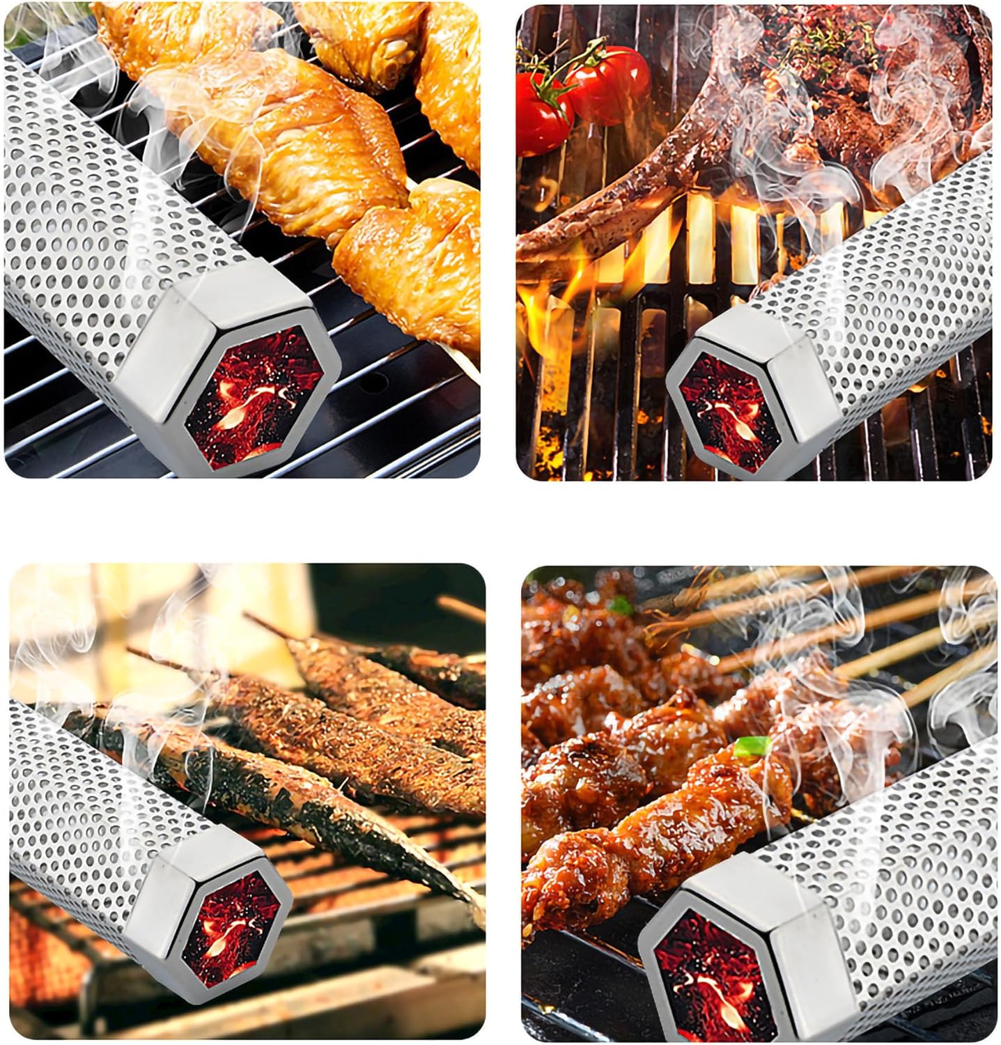 FixtureDisplays® Smoker Tube Stainless Steel BBQ Gas Grill Smoker Tube Mesh Tube Pellets Smoke Box Barbecue Accessory (2 inches Hex 11.8 inches Length) 15742-1D