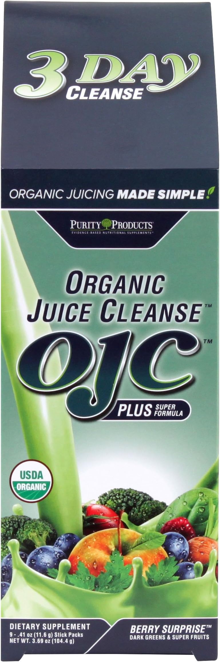 Purity Products 3 Day Organic Juice Cleanse – OJC - Over 30 Certified Organic Vegetables & Super Fruits w/A Prebiotic, Enzymes & A Liver Support Blend - 9 Convenient On-The-Go Stick Packs