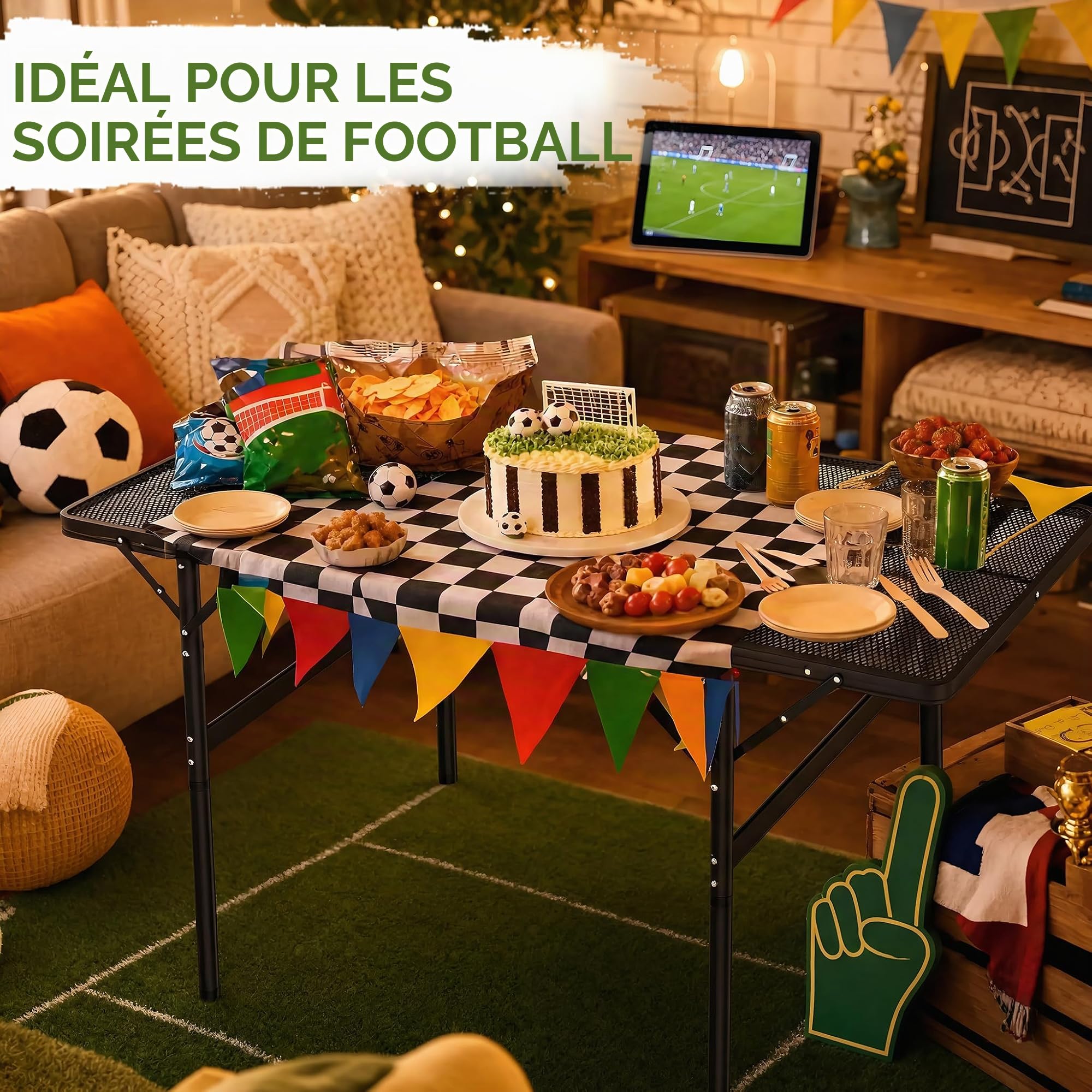 Tables de camping pliantes avec plateau en treillis métallique, étagère pliable et poignée, 2 hauteurs réglables, table d'appoint en métal, table de jardin jusqu'à 30 kg, table pliante