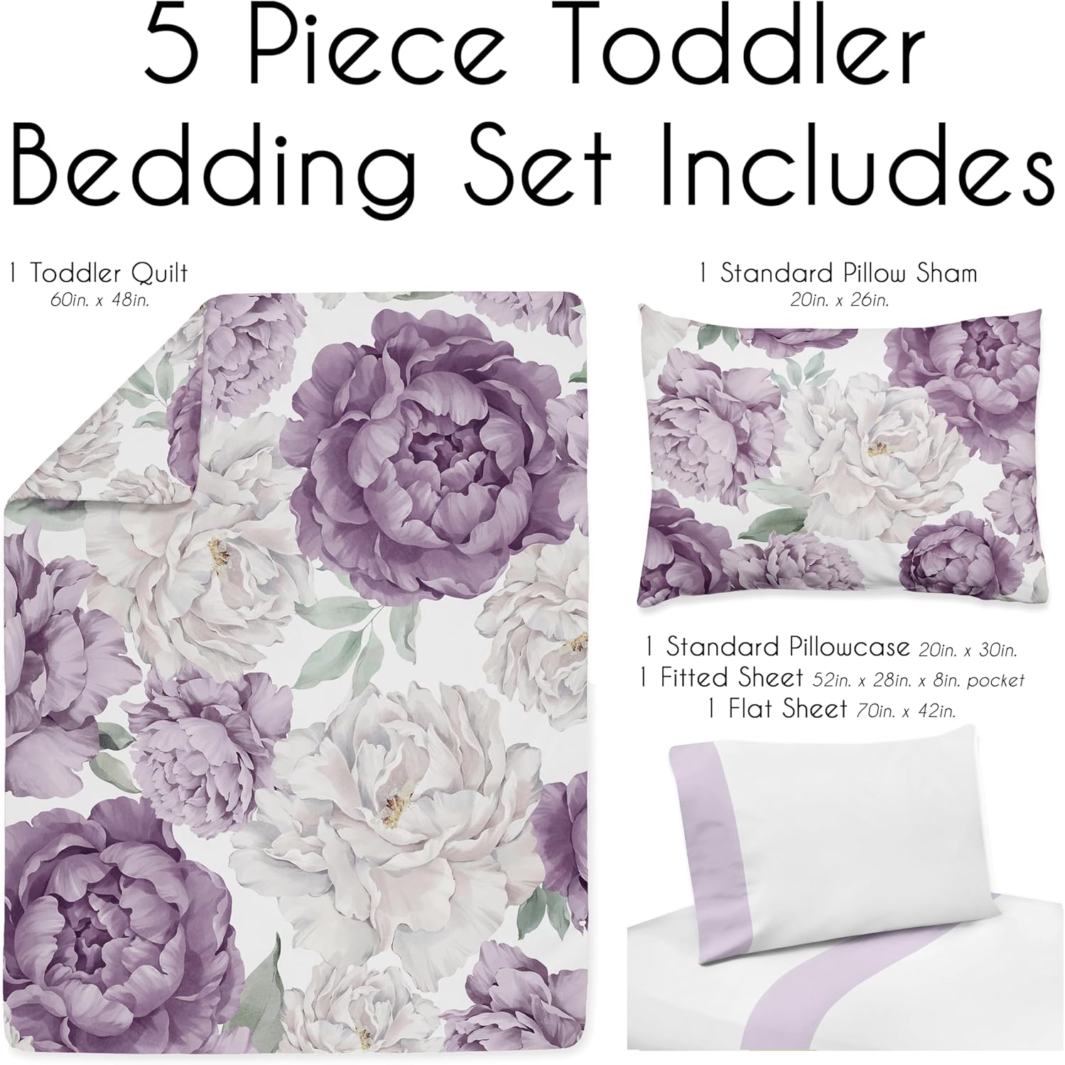 Sweet Jojo Designs Lavender Purple Boho Shabby Chic Floral Girl Toddler Bedding Set Kids Children 5p Bed in a Bag Comforter Blanket Pillowcase Sham Sheets Ivory Bohemian Vintage Watercolor Sage Green