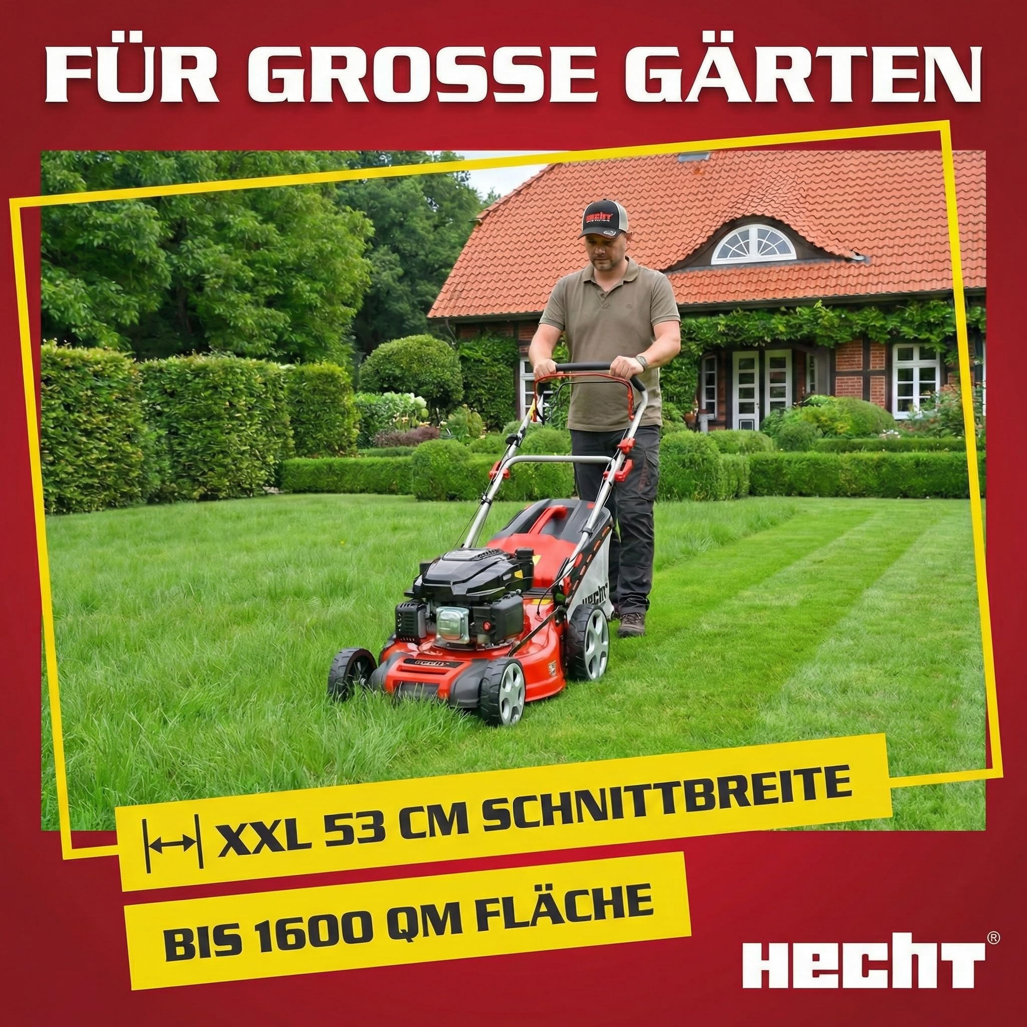 HECHT 5-IN-1 Benzin Rasenmäher – leistungsstarker 4 Takt Eco Motor 4,4 kW (6,0 PS) – Seilzug Starter – mit 53 cm Schnittbreite – 75 l Fangkorb – Radantrieb – patentierte Räder – Mulchmäher