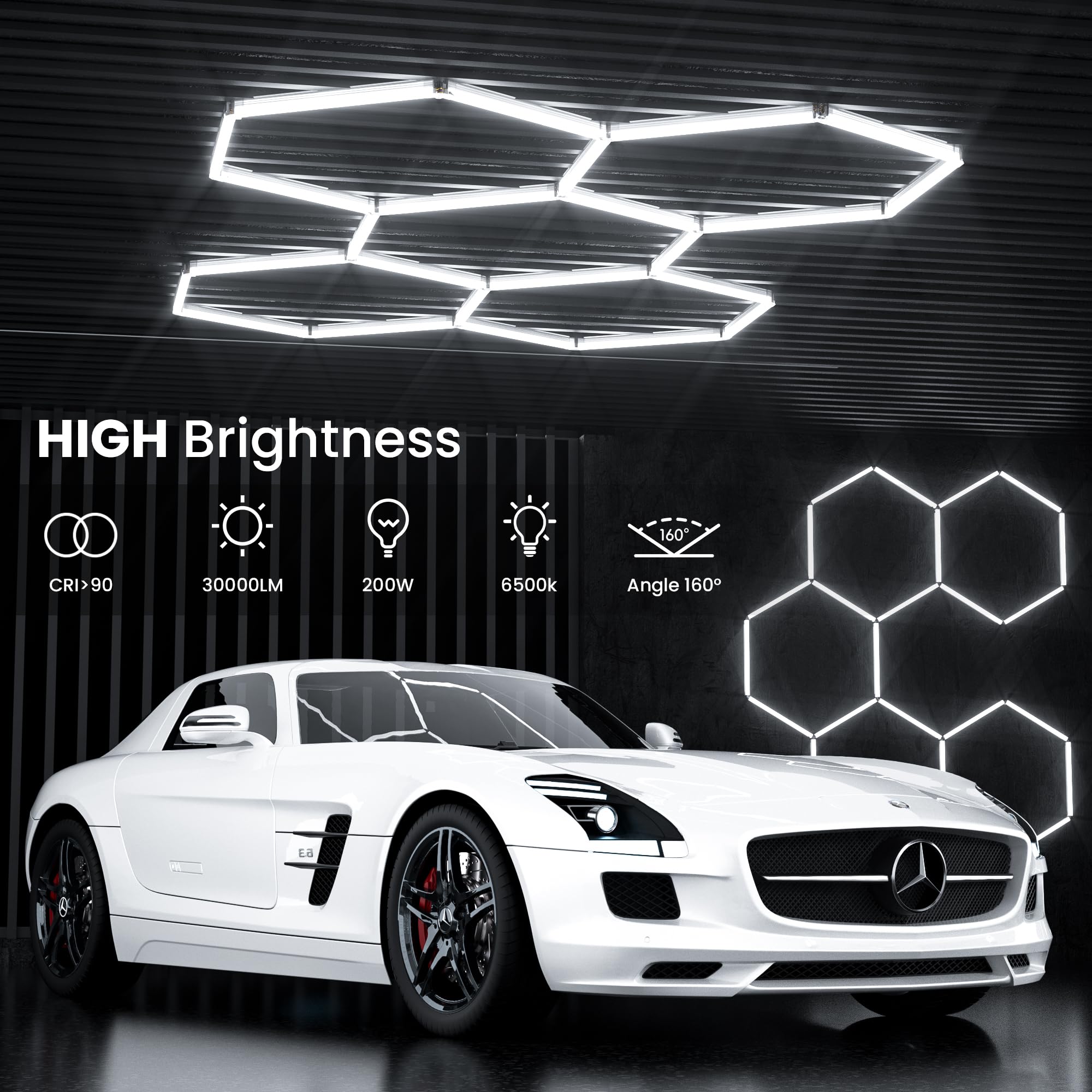 Lampada da garage a LED esagonale, confezione da 25 luci a LED esagonali da 200 W 30000LM 6500K per garage, cantina, magazzino, salone di bellezza per auto, negozio di dettagli per auto, ecc