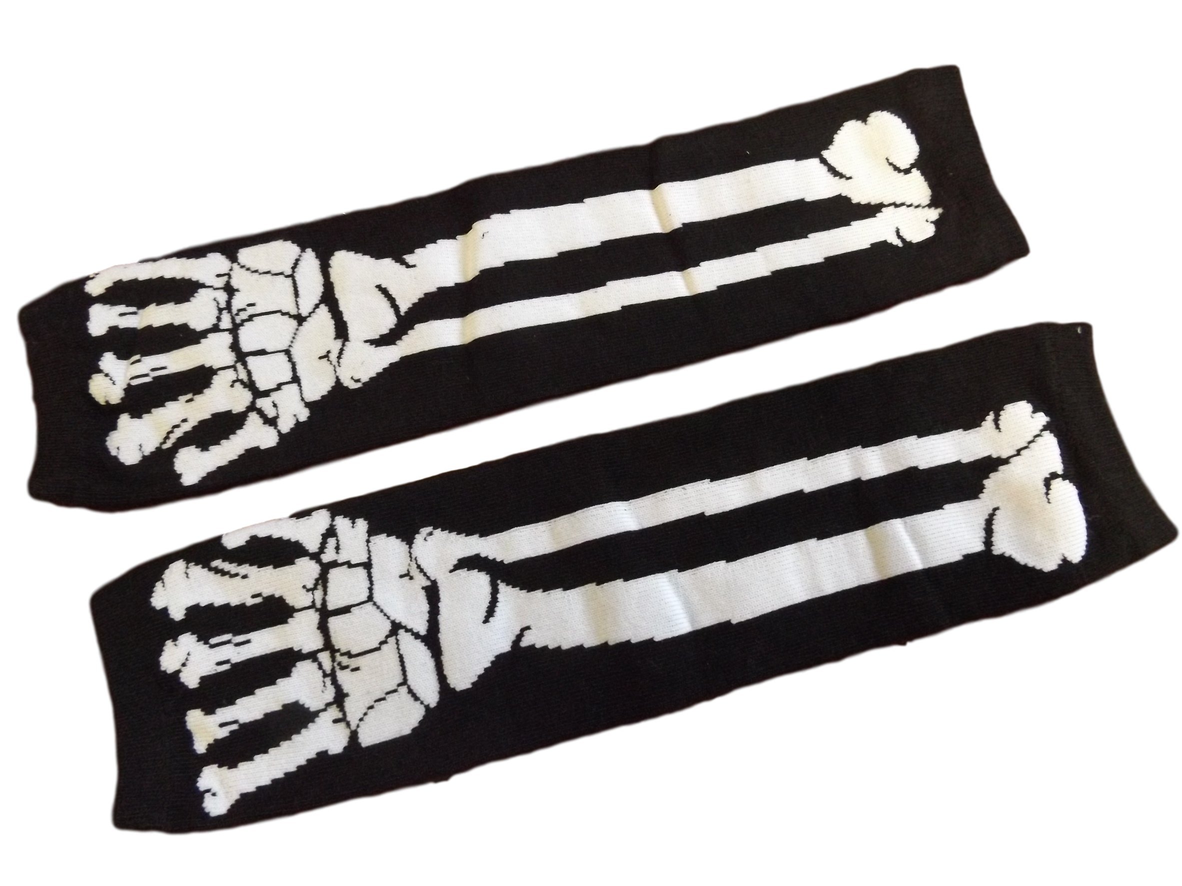 Fat-catz-copy-catz Bones Skeleton Halloween Emo Goth Arm Warmers Fingerless Gloves (Black - White)