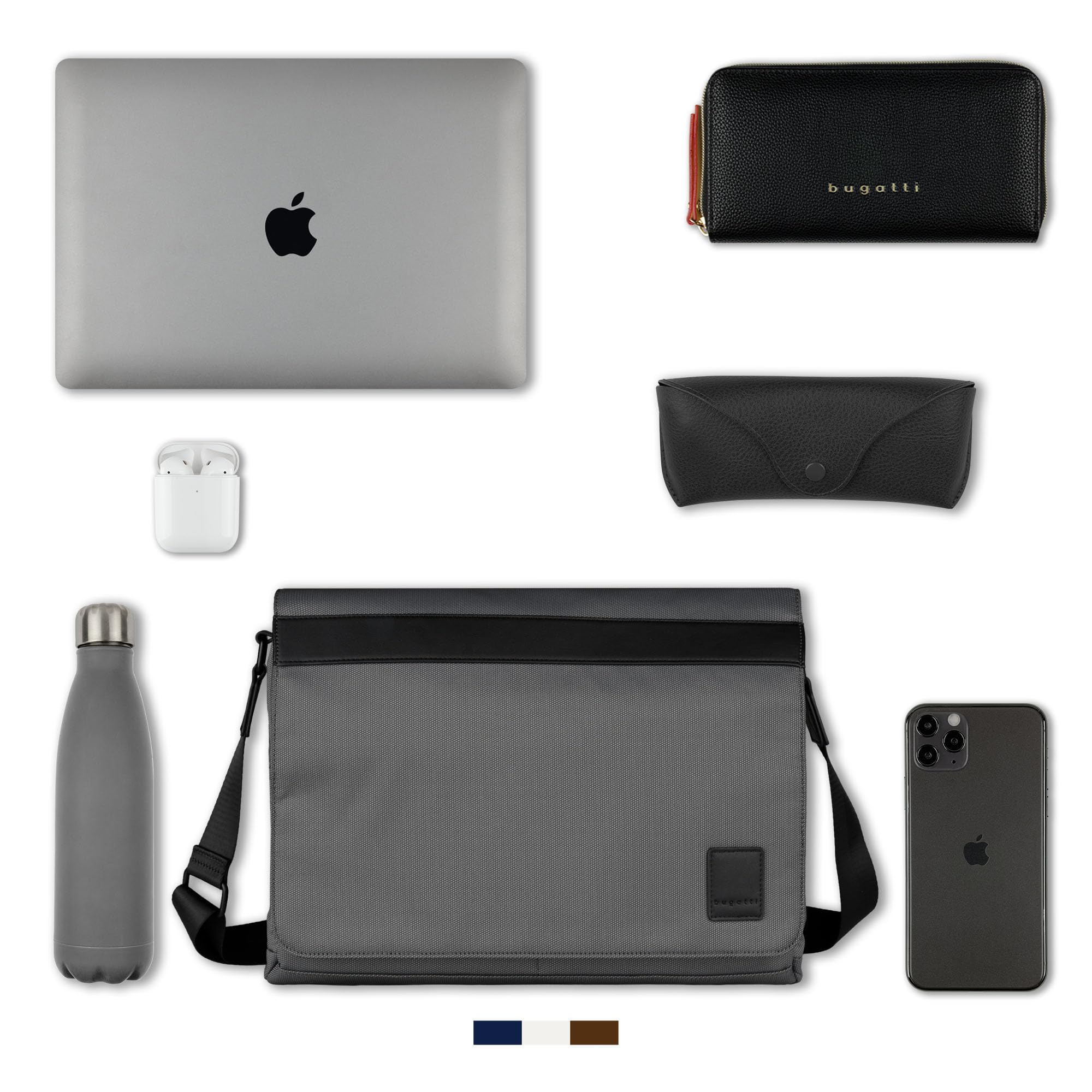 bugatti Domani 2.0 borsa messenger 13" con scomparto per laptop, borsa a tracolla unisex con dettagli in similpelle, grigia