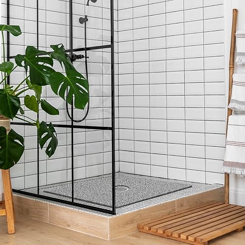 Miniatura 22 de Tapete de ducha antideslizante, 27 x 27 pulgadas, tapete de baño extra grande con drenaje, tapete cuadrado suave para ducha de lufa, tapete de Negro