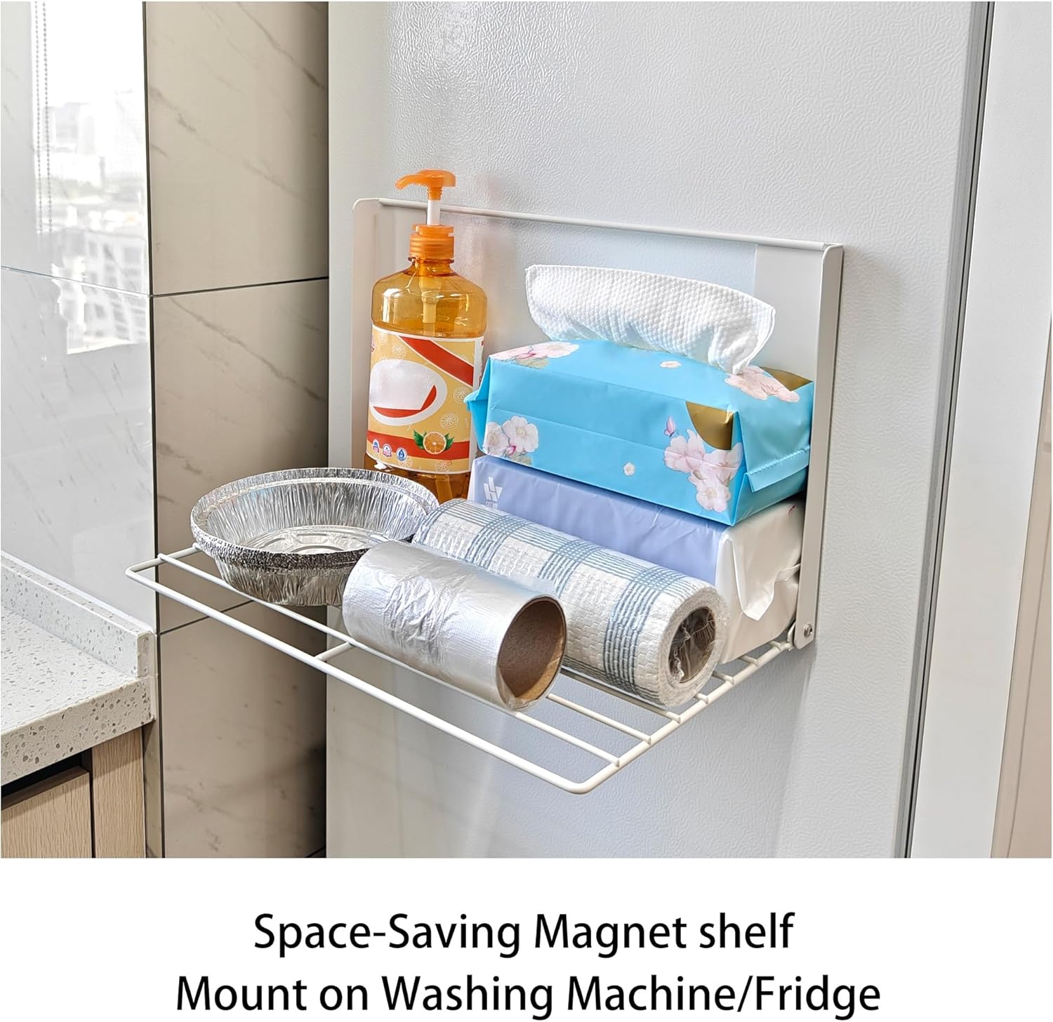 RFOUO Magnetic Shelf for Washing Machine Magnetic Organizer Shelf for Laundry Hanger Organizer Washing Machine Shelves Magnetic Fridge Shelves for Laundry Bathroom Kitchen RV White