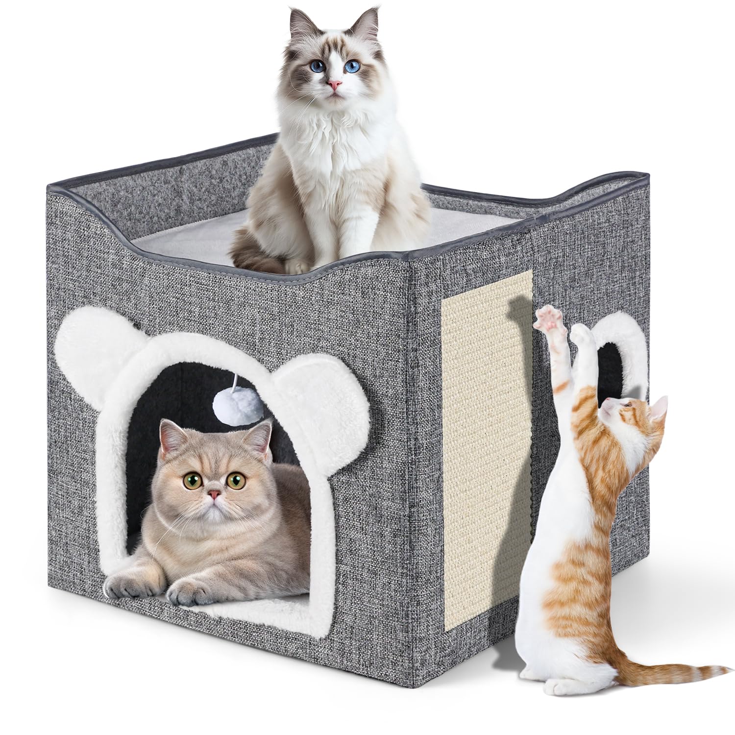 39 * 39 * 38 cm Cama Dobrável para Gatos, Casinha Toca para Gatos com Arranhador, Cama de