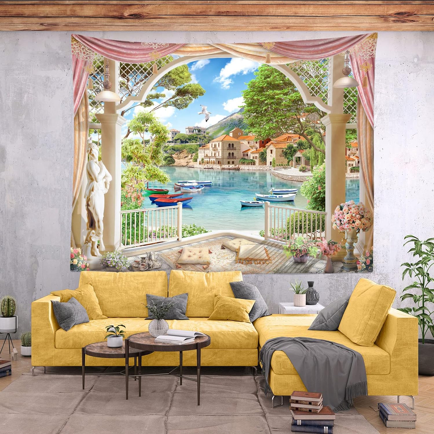 BELECO Large European Palace Garden Tapestry Wall Hanging Fantasy Balcony Scenery Tapestry Tropical Beach Island Coastal Houses Boats Scenic Tapestry for Living Room Bedroom Dorm Decor