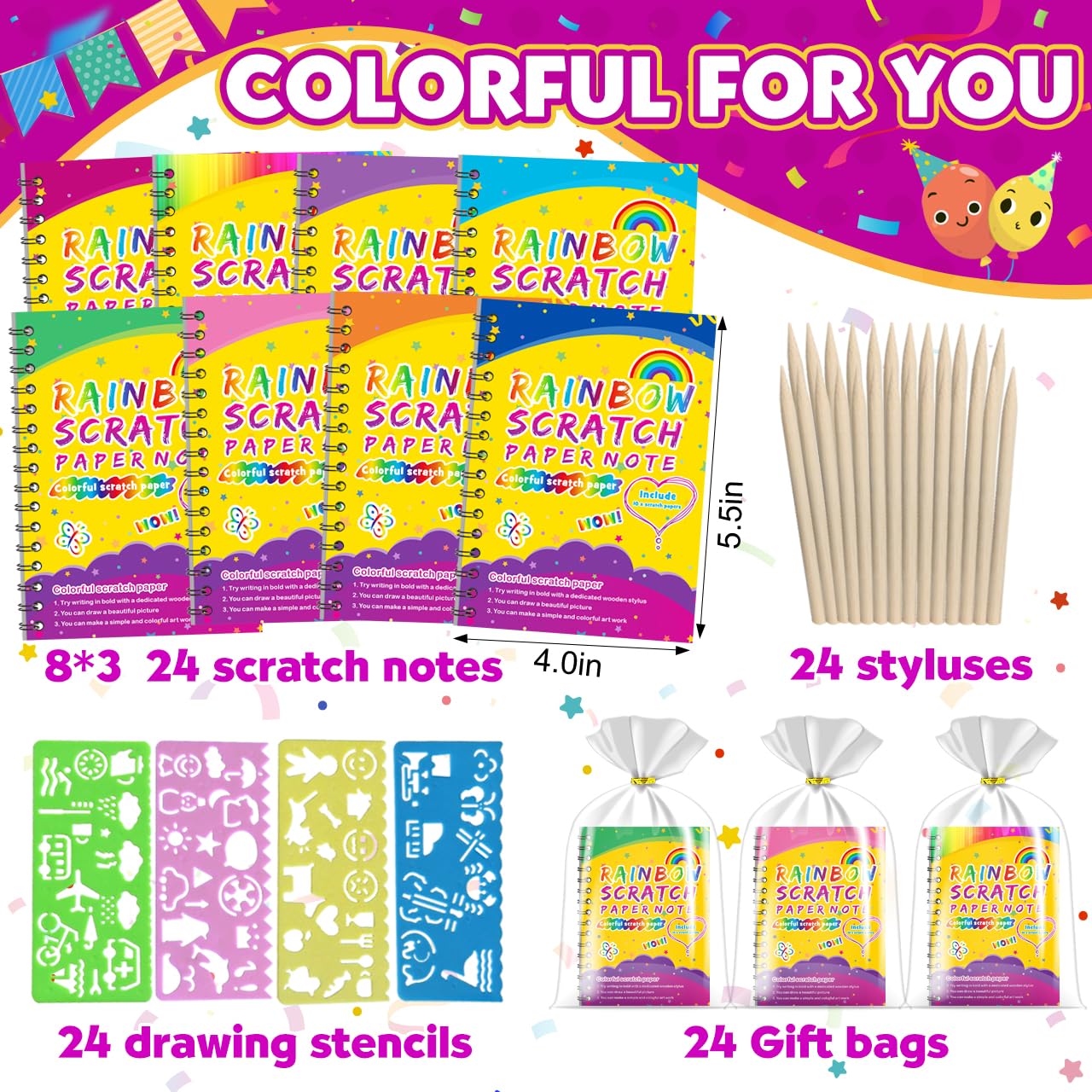 Pigipigi Kids Scratch Art Bambini, 24 Set con Quaderno Grattare, Stencil e Penna Legno - Gadget Compleanno Bambini, Regalini Fine Festa Compleanno Bambini - Lavoretti Creativi