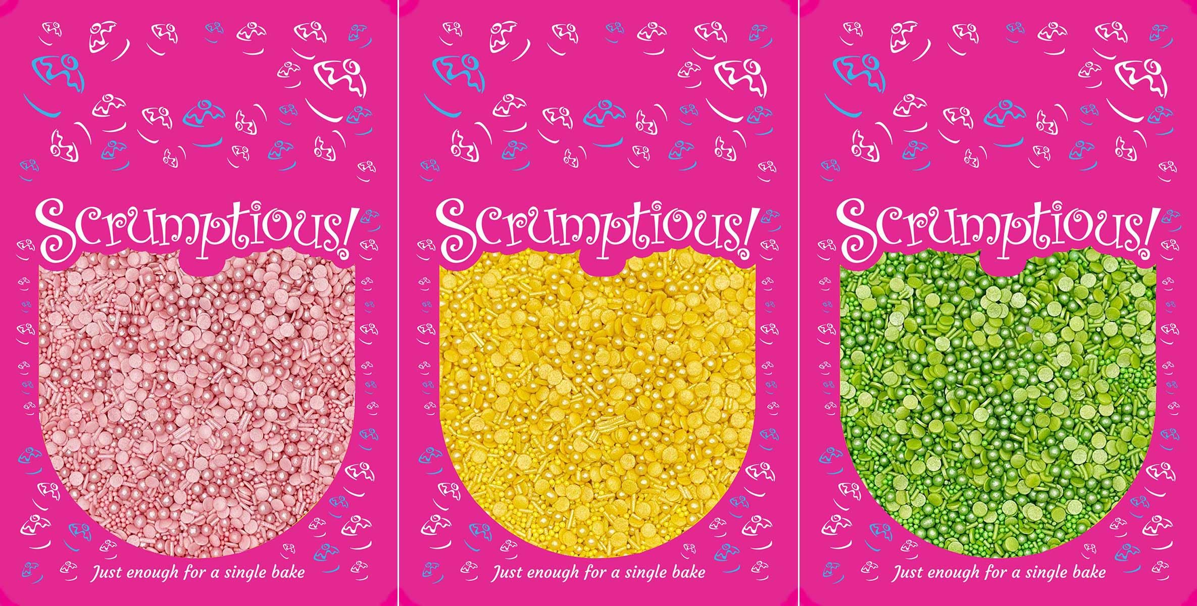 Scrumptious! - Bundle - Colour Medley Favourites Edible Cake Topper Sprinkles Cupcake Decorations - 1x30g Pink, 1x30g Yellow, 1x30g Green. Party Sprinkle Mixes