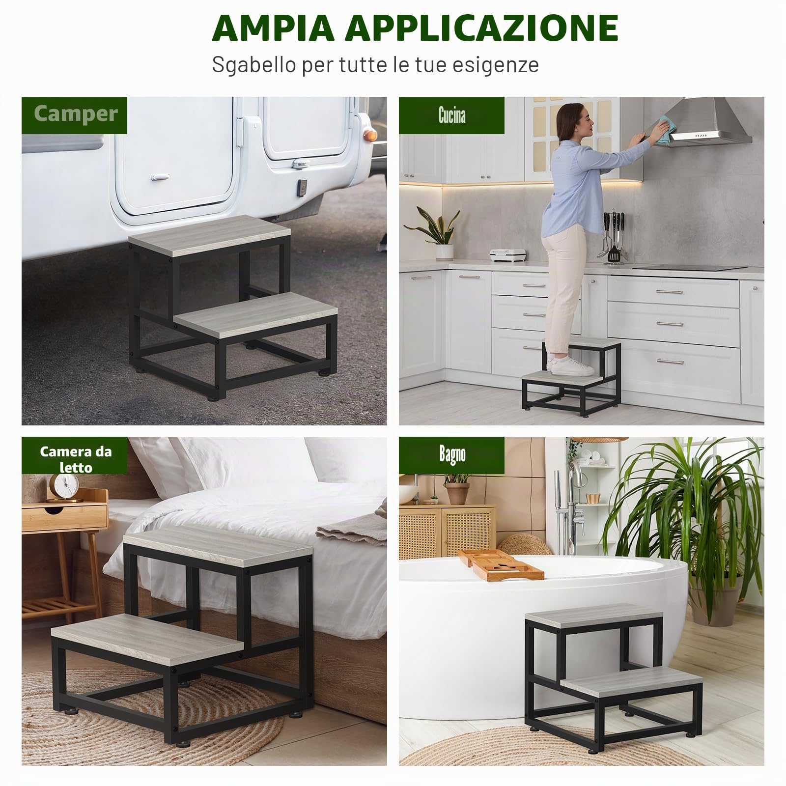 LIANTRAL Scaletta per adulti e bambini, scaletta 2 gradini, in acciaio resistente e robusto legno, supporta fino a 200 kg, sgabello per letto alto, cucina, bagno, grigio