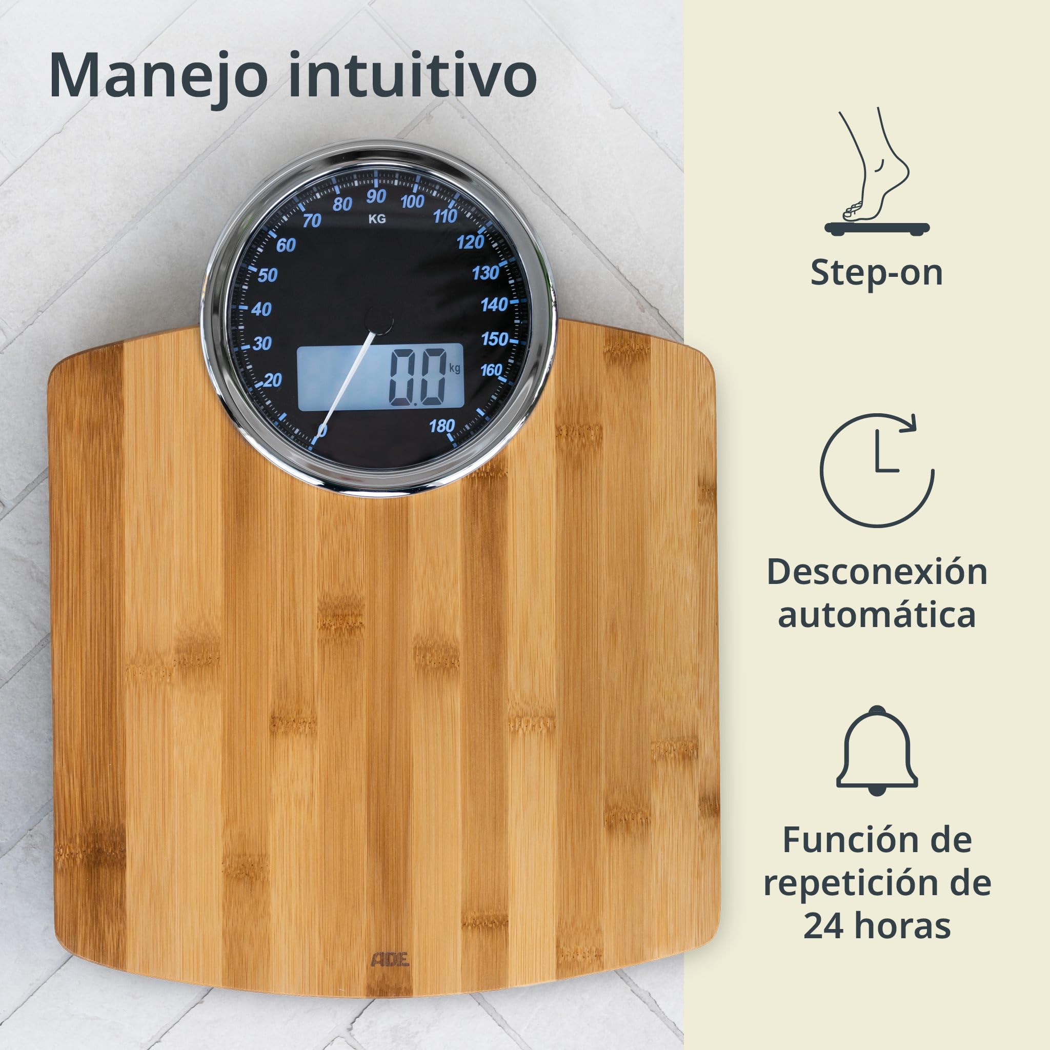 ADE Báscula corporal digital con pantalla analógica | gran pantalla | resultados muy precisos hasta 180 kg | superficie de pesaje de auténtica madera de bambú