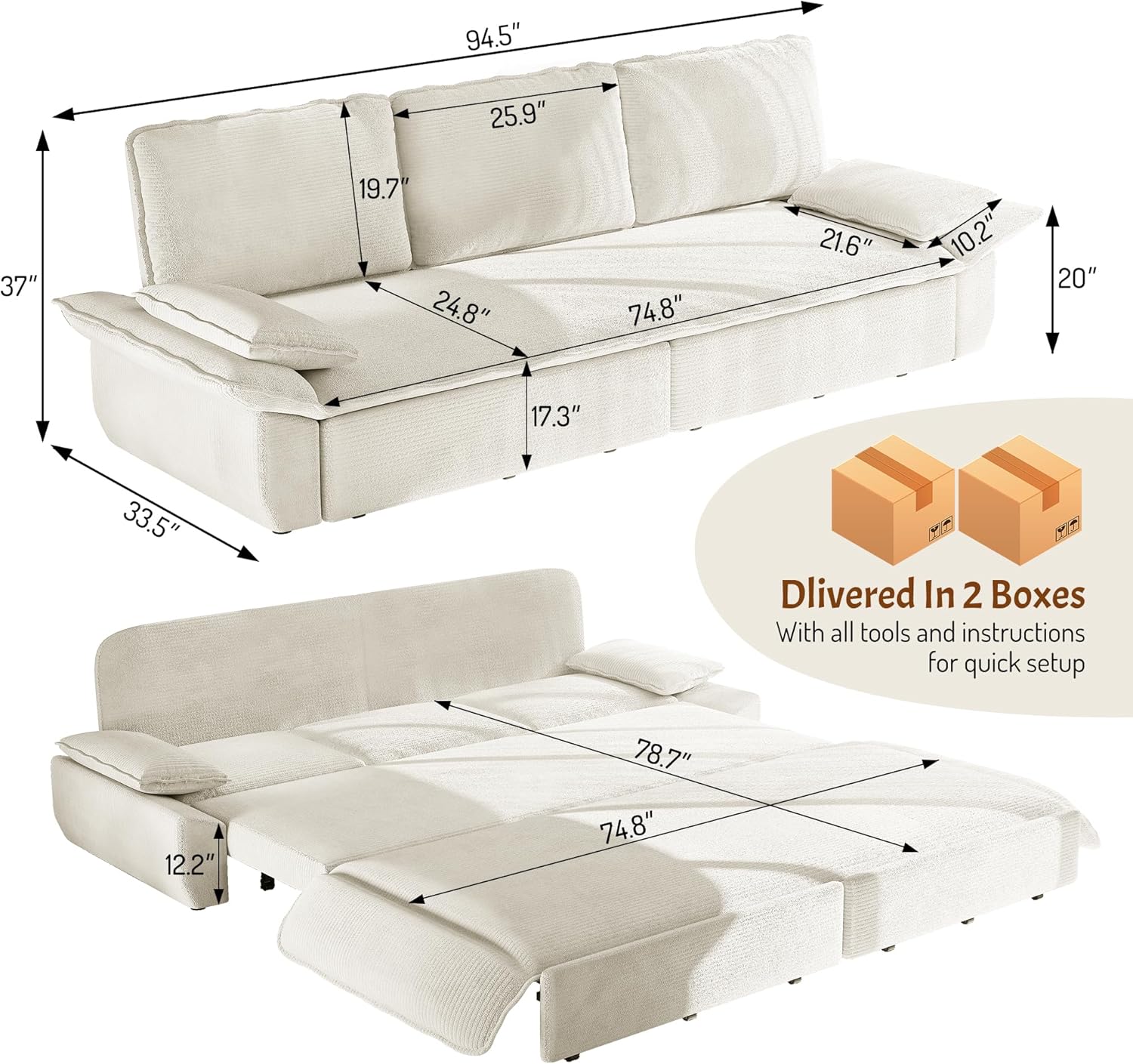 KEIKI 94.5" King-Size 3-in-1 Convertible Sleeper Sofa, Oversized Pull-Out Couch with Cloud-Style Deep Seat, Corduroy Reclining Loveseat for Home Theater & Family Living