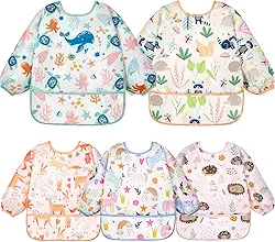Lictin Babador de alimentação para bebês, babadores de manga comprida à prova d'água, babadores de desmame ajustáveis fixam-se à cadeira alta e à mesa