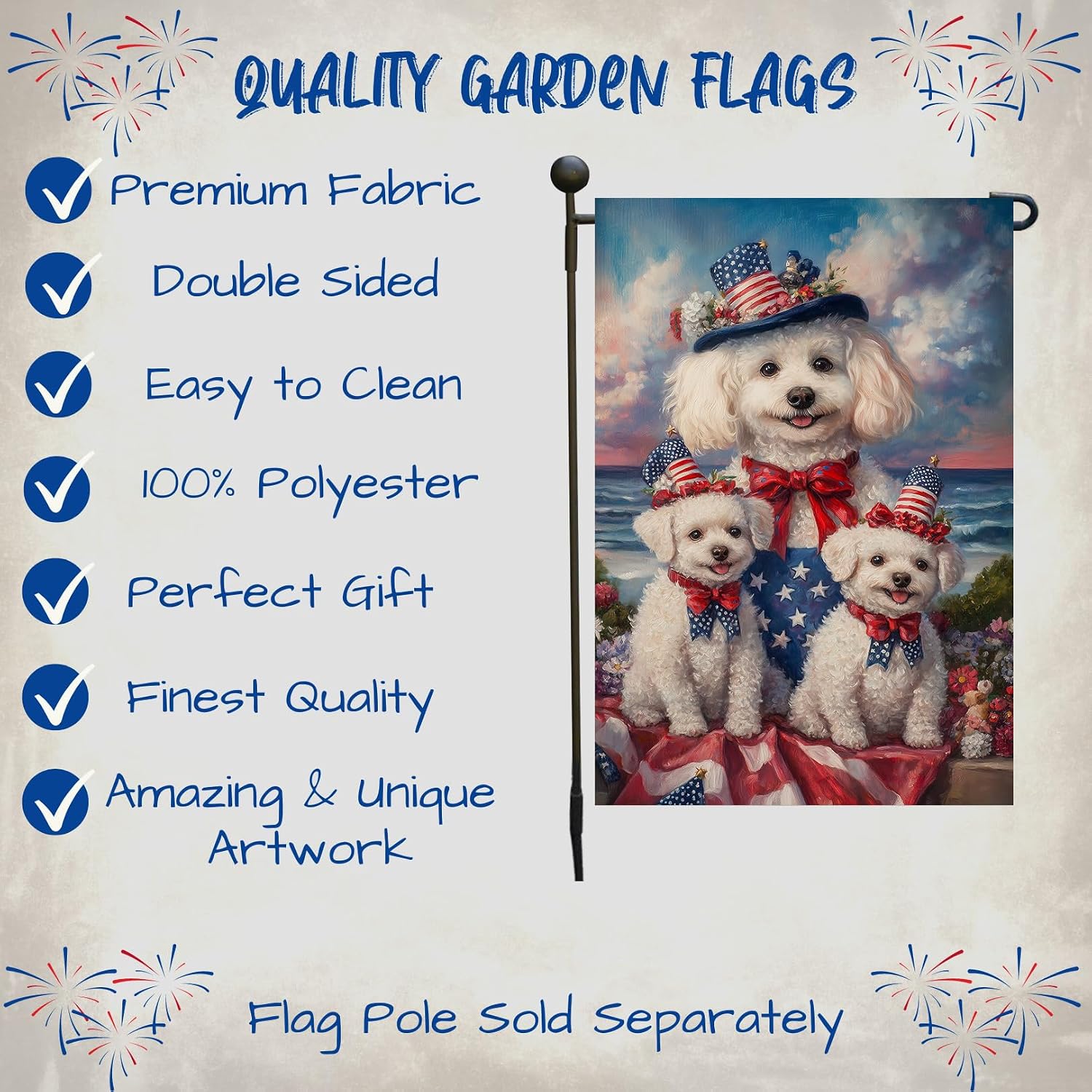Bichon Frise Dog 4th of July Garden Flag – Personalized Patriotic Yard Decor with Cute Dogs Independence Day Outdoor Decoration for Lawn, Porch or Patio, 12 1/2"w x 18"h, Double Sided