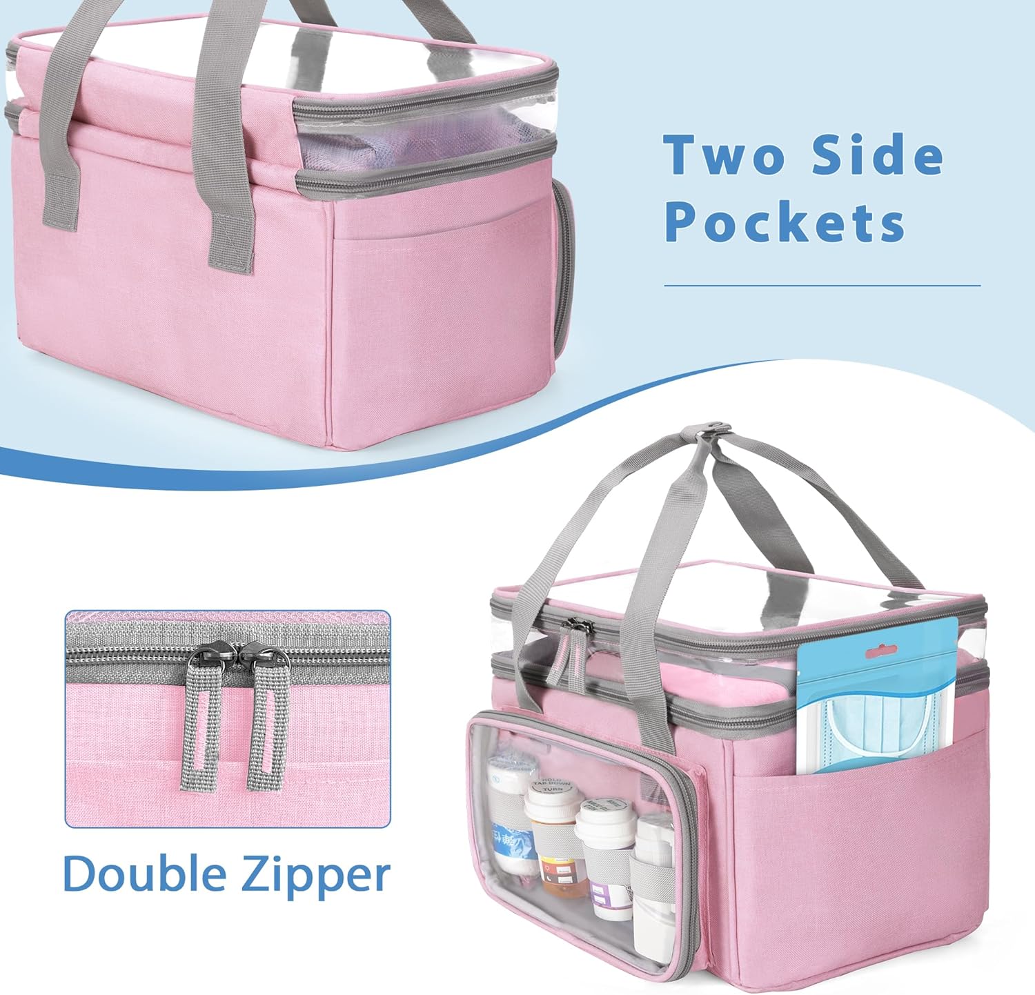 LUXJA Double-Layer Medicine Bag with Transparent Compartment, Pill Bottle Organizer with Detachable Divider (Suitable as a Home or Travel Medicine Bag), Pink