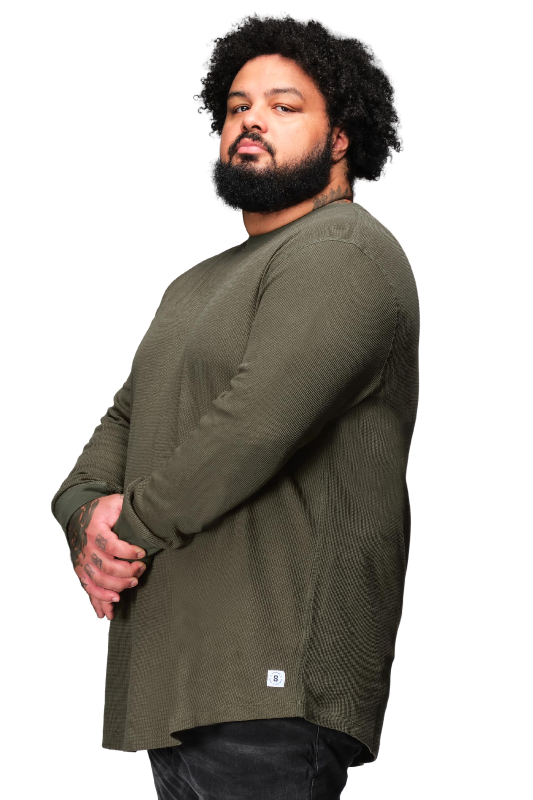 STRONGSIZE Men's Thermal Waffle Crewneck, Army Green, XL