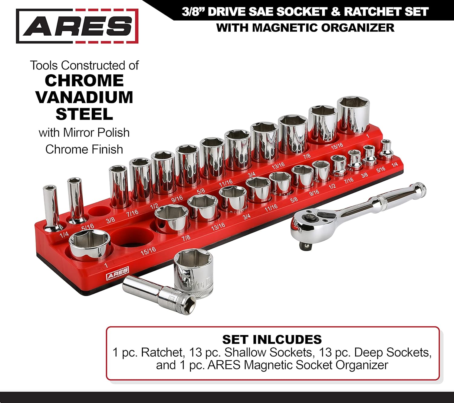 ARES 47007-28-Piece 3/8-inch Drive SAE Socket and 90-Tooth Ratchet Set with Magnetic Organizer - Sizes 1/4-Inch to 1-Inch Shallow and Deep Sockets