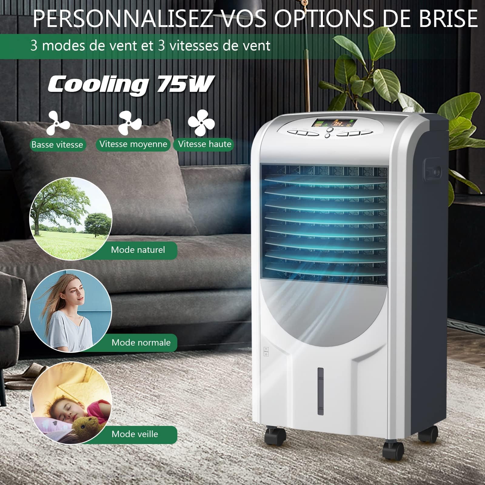 RELAX4LIFE 5 en 1 Rafraîchisseur d'Air Mobile Silencieux | Froid/Chauffage/Vent/Déshumi/Purification | Climatiseur Mobile sans Évacuation | Réservoir 7L | Oscillation | 3 Vitesses | Mini Clim Portable