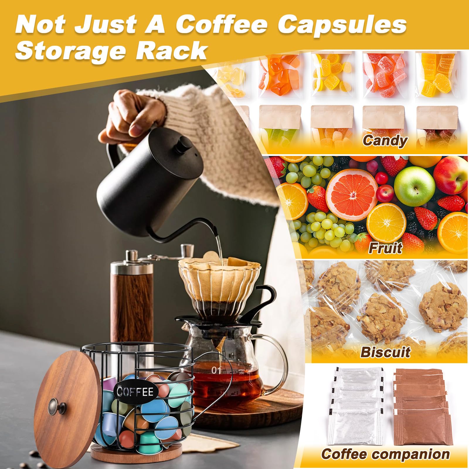 Porta Cialde Caffè Bancone con Coperchio Legno, Organizzatore Capsule Caffè Rotondo Cestello Portaoggetti Capiente, Portacialde Accessori Bar Contenitore Gabbie Ferro Nero per Lavoro Della Cucina