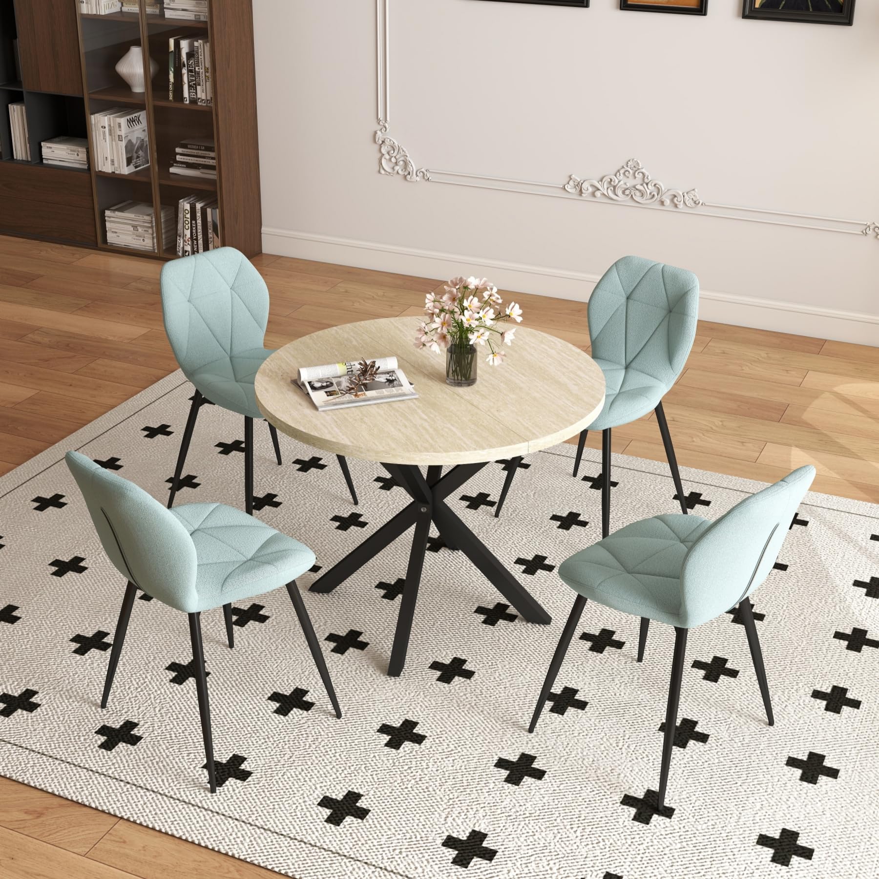 Juego de comedor redondo de 100 cm y 4 sillas de lino para salón