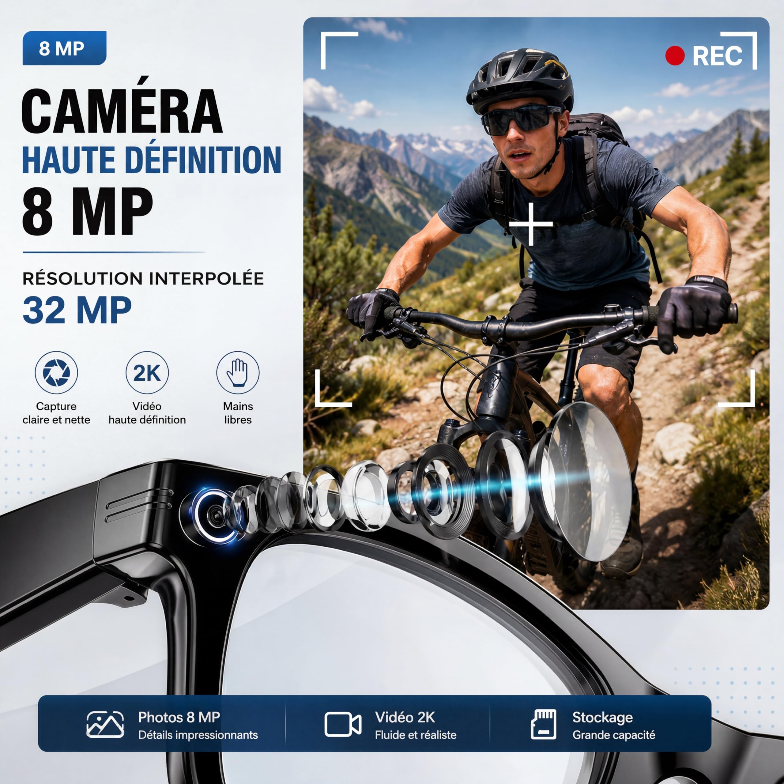 Korons Lunette Connectée Lunettes Connectées avec Assistant Vocal IA Reconnaissance Intelligente Caméra HD Bluetooth Smart Glasses Idéales pour Travail et Voyage (Photochromique)