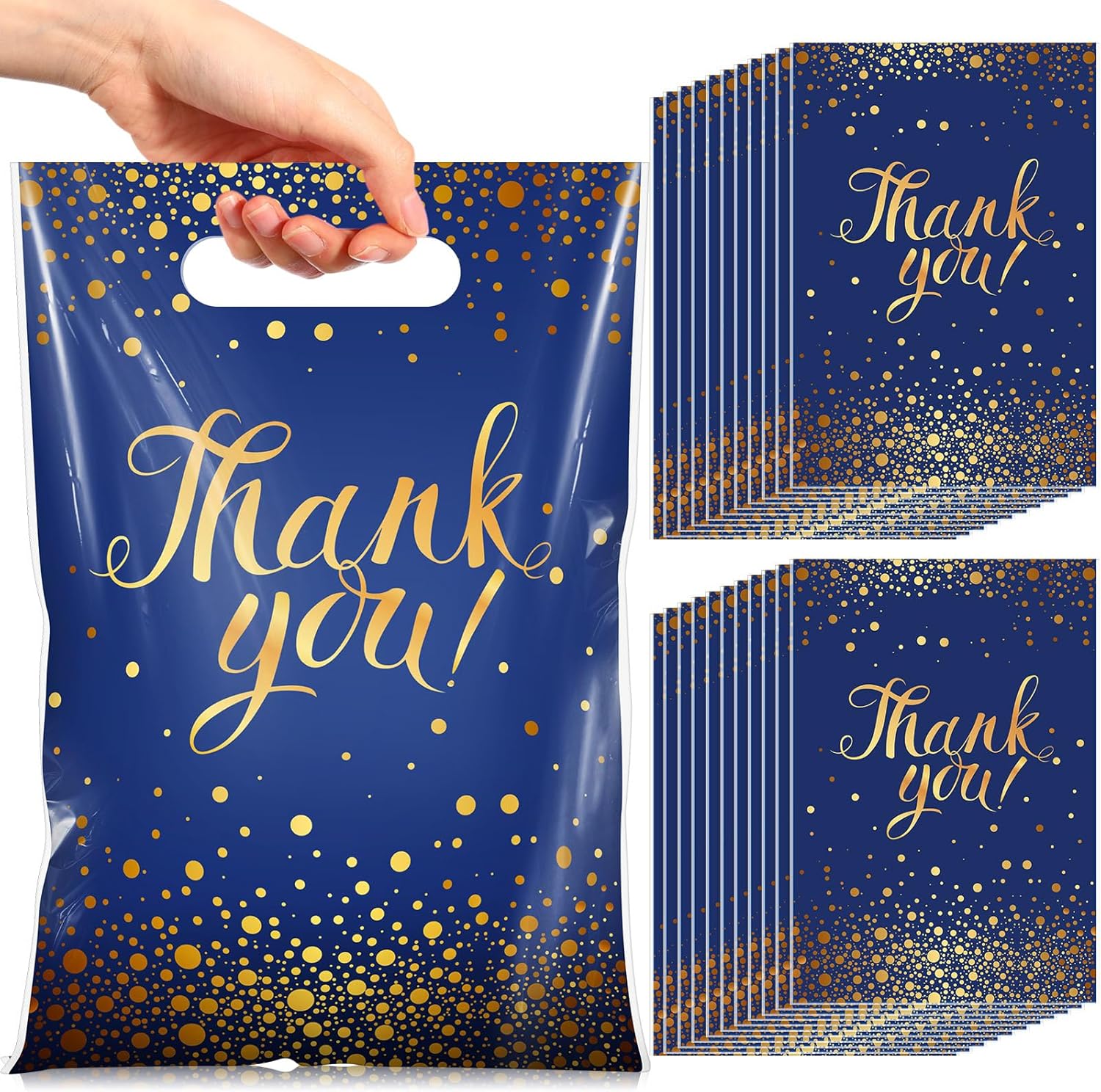 Pajean 100 Pcs Thank You Gift Bags Bulk Gold Dots Plastic Bags with Handles Black Goodie Treat Shopping Wrap for Birthday Party Favors Small Business Merchandise Graduation,6.7″ x 9.8″(Blue Gold)
