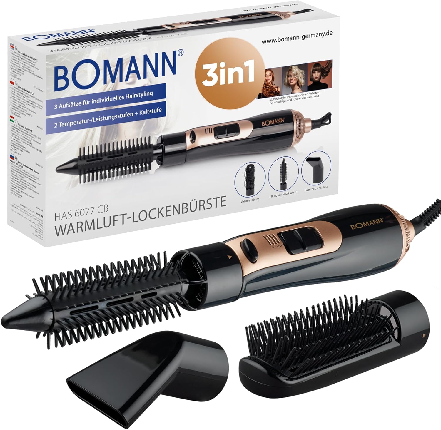 Bomann HAS 6077 CB Hot Air Brush, 3 Attachments for All Hair Lengths Hot Air Brush for Style-Fix, 2 Levels, Round Brush Dryer, Hair Styler, 360° Cable, Hot Air Brush Bomann HAS 6077 CB Hot Air Brush, 3 Attachments for All Hair Lengths Hot Air Brush for Style-Fix, 2 Levels, Round Brush Dryer, Hair Styler, 360° Cable, Hot Air Brush