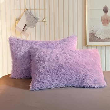 XeGe 2 Pack Fluffy Faux Fur Pillowcases, Soft Plush Shaggy Light Purple Standard Size Pillow Cases, Fuzzy Furry Decorative Long Pillow Covers for Bed Couch Sofa with Zipper Closure, 50x75cm, Lavender