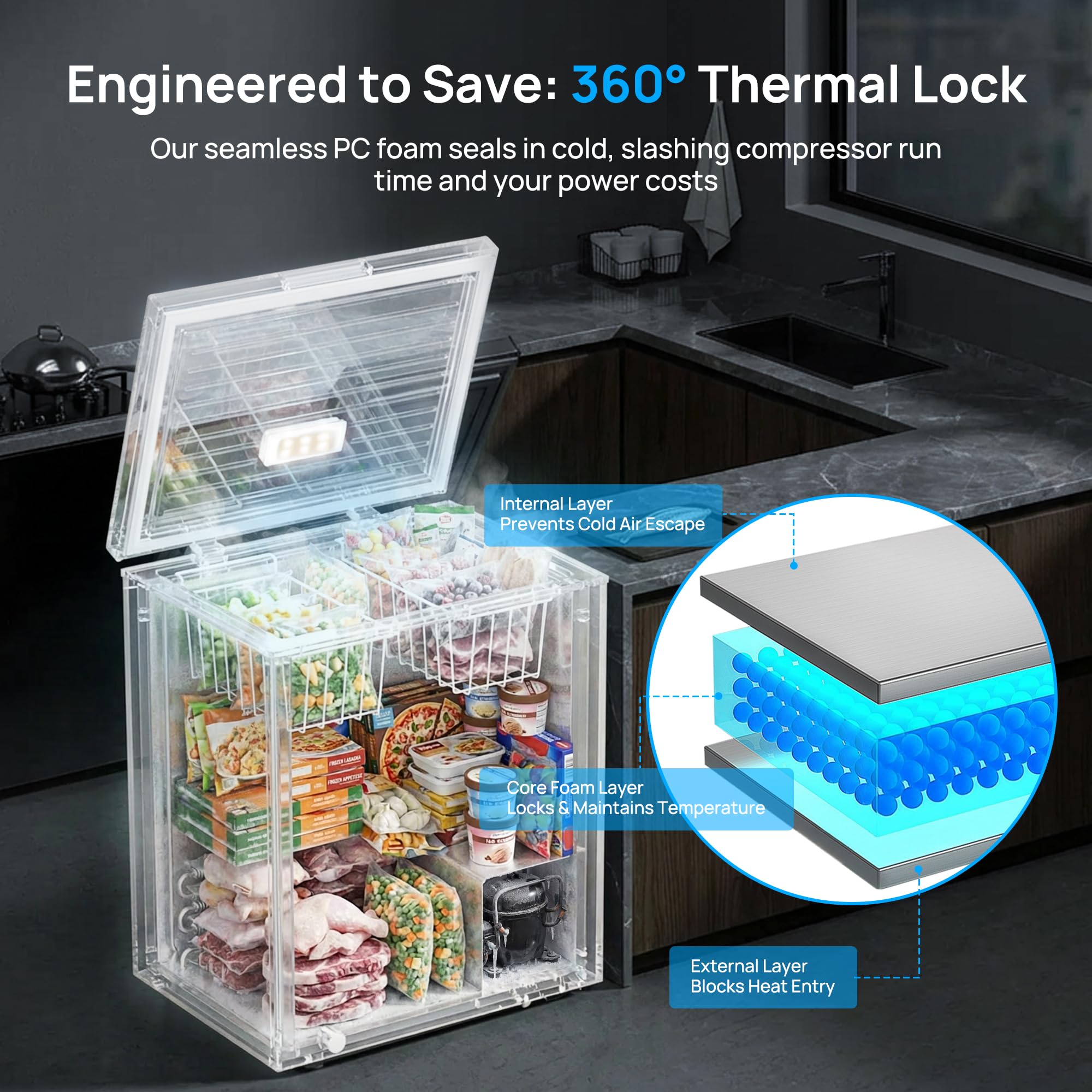 5.1 Cu.Ft Chest Freezer, Small Compact Deep Freezer with Adjustable 7 Thermostat,2 Removable Baskets, Energy Saving, Quiet Top Open Door Mini Meat Freezer with LED Light for Garage Outdoor Home Office - 5