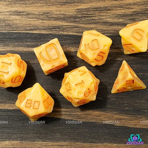 Miniatura 3 de Juego de dados de queso D&D (color amarillo claro y naranja nachos) con agujeros suizos  DNDTTRPG Juego de 7 piezas de resina poliédrica