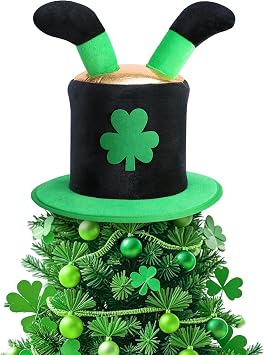 codree St. Patrick Day Tree Topper Hat, St. Patricks Elf Legs Velvet Hat Tree Topper, Irish Green Shamrock Top Hat Tree Decoration for St. Patricks Day Holiday Home Party Decor Fancy Dress Costume