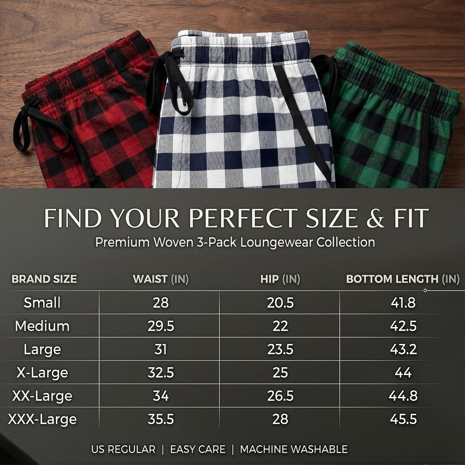 Mens Pajama Pants 3-Pack Ultra-Soft Cotton Sleep & Lounge Bottoms with Pockets Elastic Waist