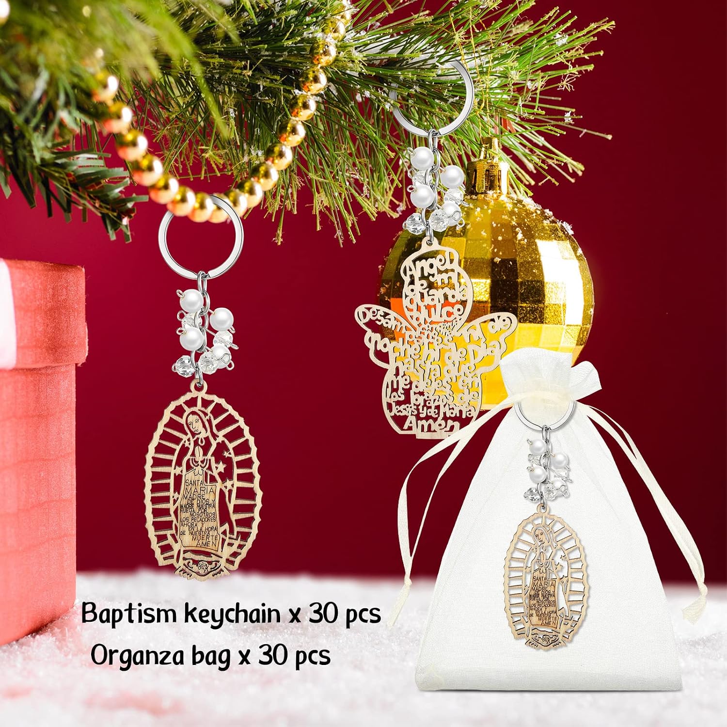 Hicarer 30 Pcs Baptism Key Ring Gift Bautizo Recuerdos De Bautizo Para Cross Wooden Keychain with Organza Bags(White Pearls)