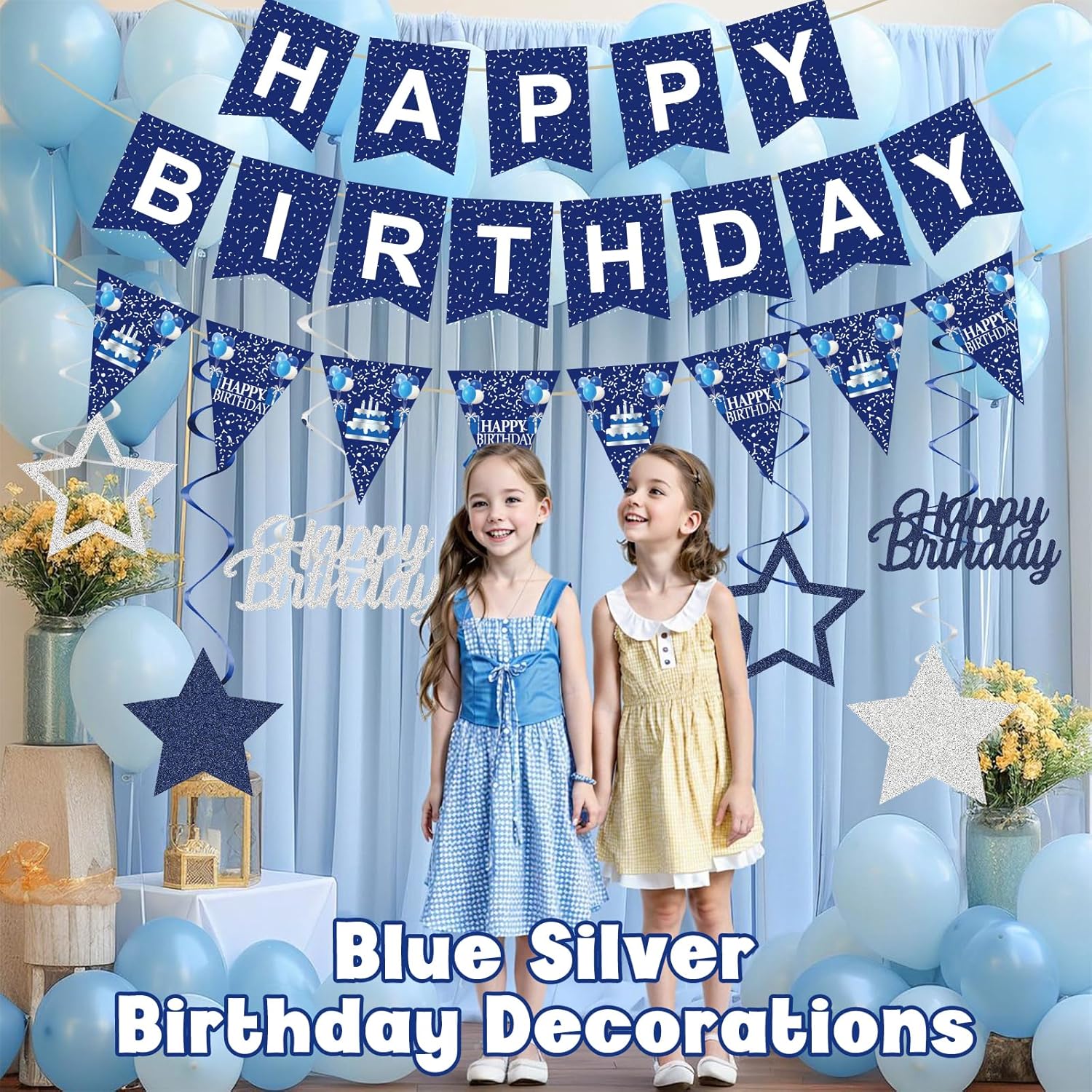 Blue Happy Birthday Banner Birthday Banner for Party Decorations for Women Men Girl Boy, Stars Hanging Swirl Streamers, Birthday Sign Decor Party Decor Party Supplies