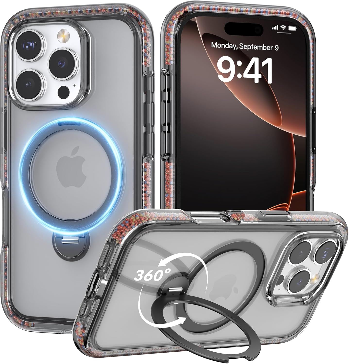 RAPTIC 360Spin Magnetic Stand for iPhone 16 Pro Max Case, Compatible with Magsafe, [360 Air-Filled AirJoy Beads] Military-Grade Shockproof Protective Case with Kickstand, 6.9-inch Black