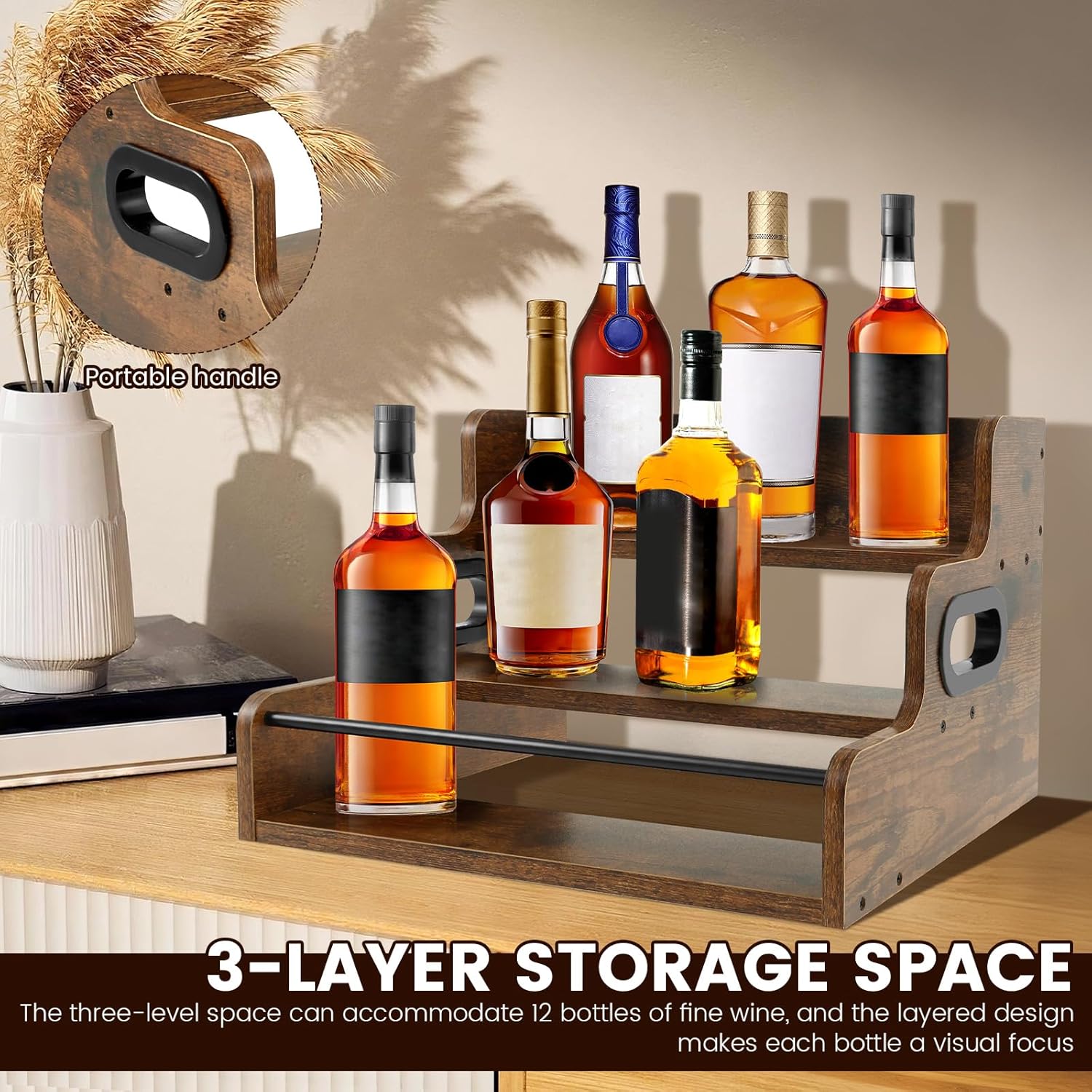 Liquor Bottle Display Shelf, Coffee Syrup Rack Organizer, Holds up to 12 Bottles, 3 Step Countertop Wine Rack, Mini Bar, Retro Bar Shelf Stand for Whiskey, Spirits