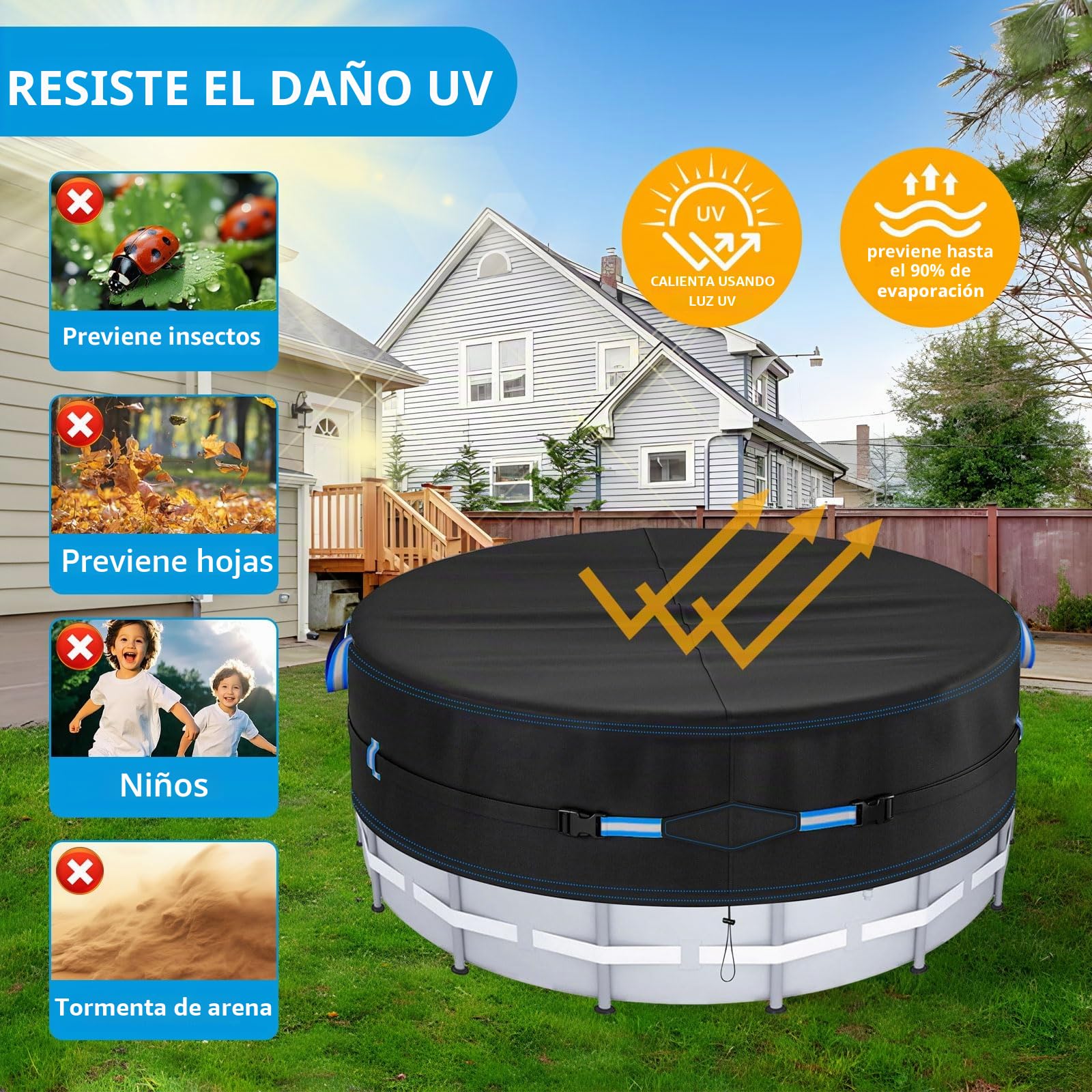 Cobertor Piscina Redondo 366cm, Tarea Pesada 420D Oxford Lona Piscina, 12FT Lona de Piscinas de Invierno y Verano, Resistente al Agua al Polvo y al Desgarro, con Cordón y Tiras Reflectantes