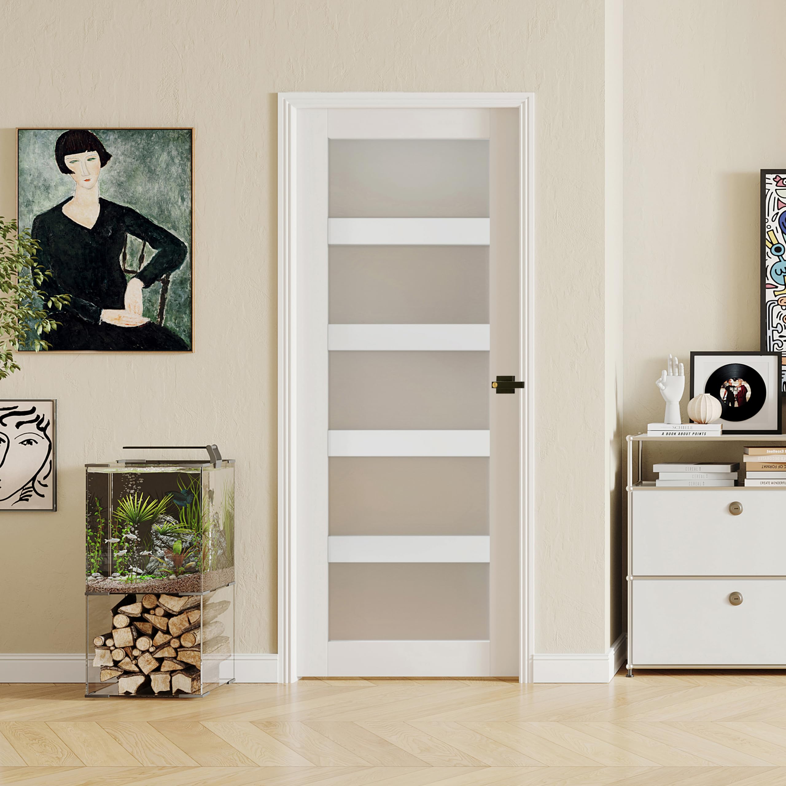 30" x 80" Interior Door, 5-Lite Frosted Glass Pantry Door with Black Door Lever, Single Slab Door Panel for Closet &amp; Bedroom, Classic Style as Prehung, Pocket, Bifold, Barn Doors