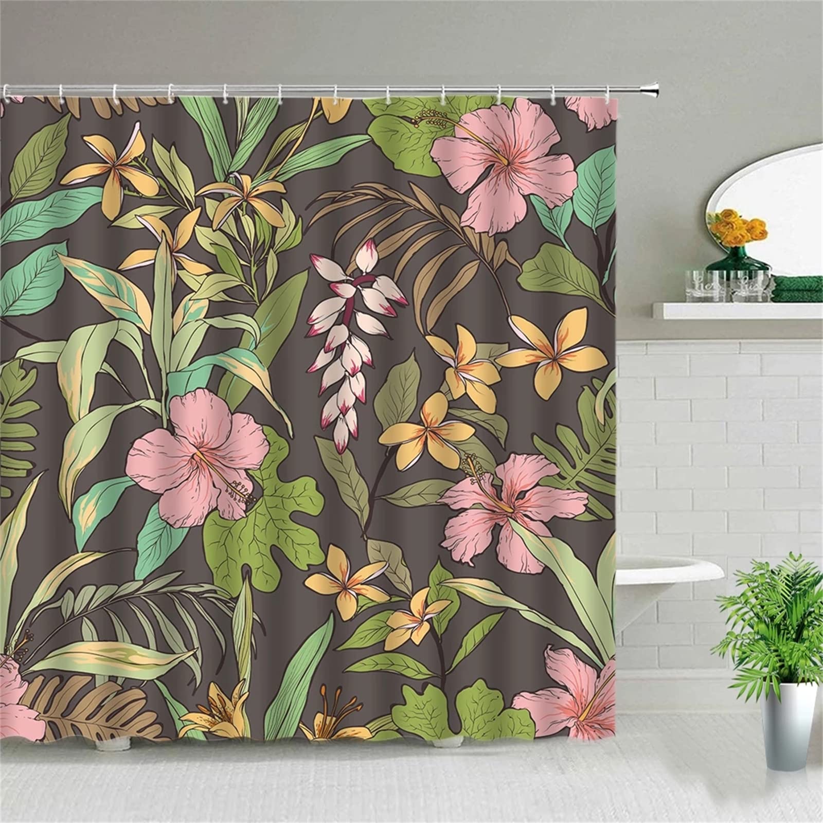 Cortinas de Ducha 180x180cm 3D Cortina de Baño Anti Moho Cortinas de Baño Antimoho Impermeable Lavables Textil de poliéster con 12 Ganchos para Cortinas Bañera y Baño Decorar Flor Rosa Marrón