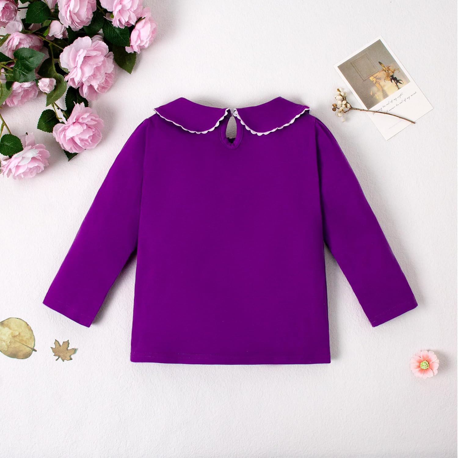 LYSMuch Toddler Baby Girl Long Sleeve Collar Shirt Peter Pan Blouse Lace Undershirt Top Solid Color Clothes(2-3T,Deep Purple) - Image 3