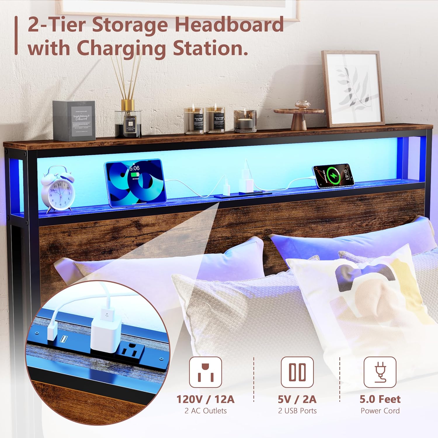 Forestell Full Size Bed Frame with Storage Headboard & 6 Drawers,Sturdy Platform Bed Frame Full with Charging Station,LED Lights,2-Tier Wood Shelf Industrial Bedframe-Noise Free/No Box Spring Needed