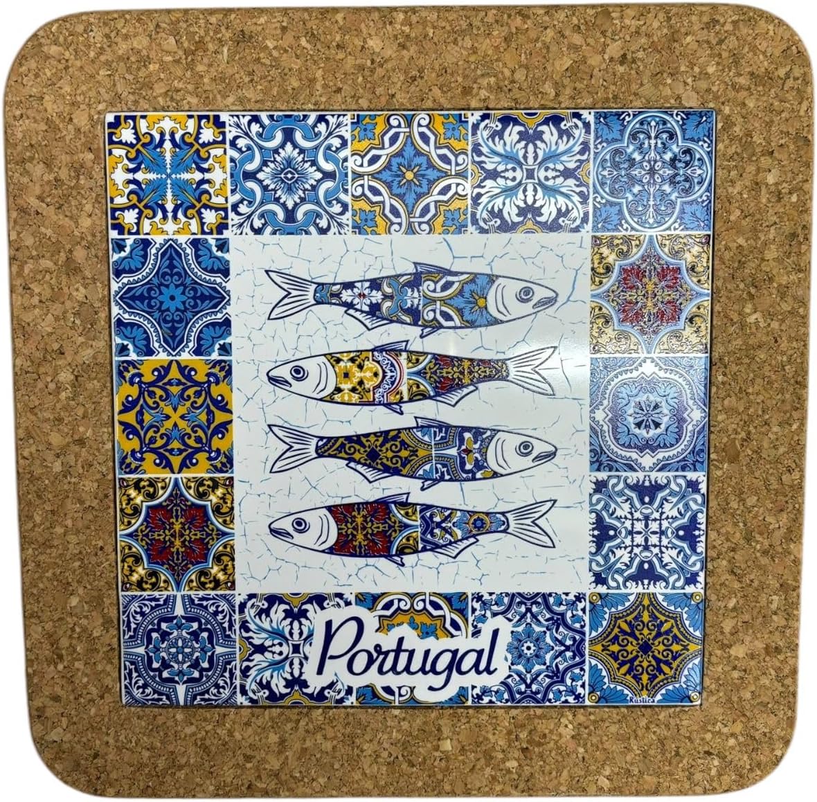 Azulejo Ethnic Portugese Ceramic Tiles - Cork Trivets - Perfect Souvenir & Gift from Portugal (7.8 Inch - 20cm) (2 Sardine & Rooster)