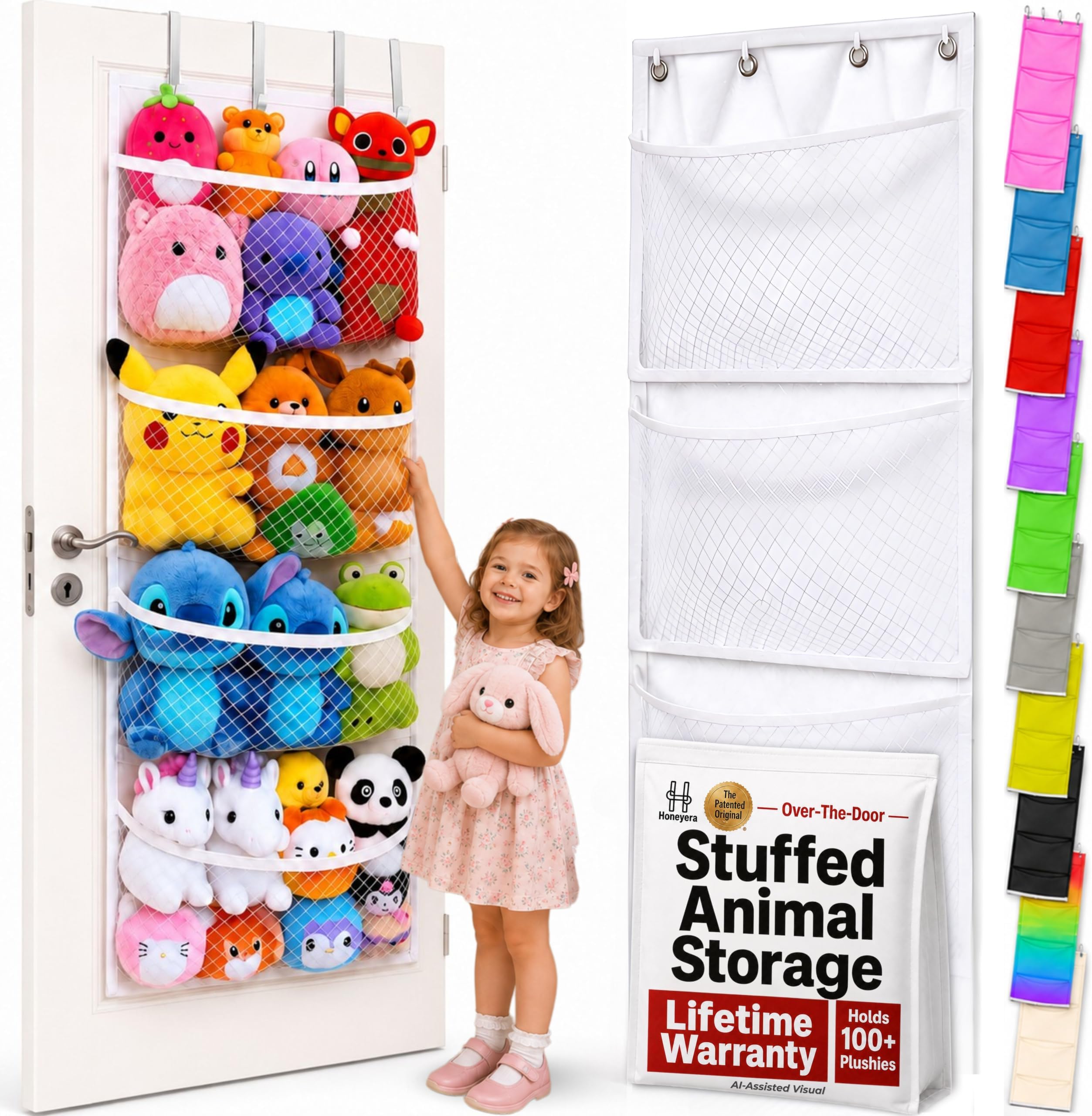 Honeyera The Original Stuffed Animal Storage (Patented) - Over Door Organizer for Stuffies, Baby Ideas Holder, Toy Plush Hammock Hanging Net Big Girls Toddler Large Bag Animals Stuffy Behind