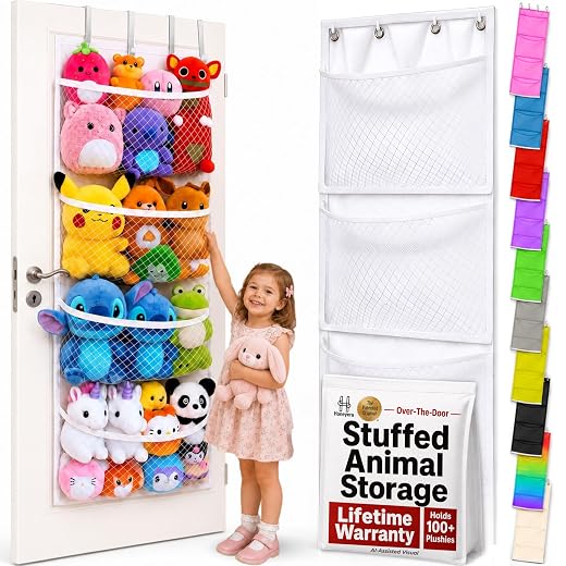 Honeyera The Original Stuffed Animal Storage (Patented) - Over Door Organizer for Stuffies, Baby Ideas Holder, Toy Plush Hammock Hanging Net Big Girls Toddler Large Bag Animals Stuffy Behind