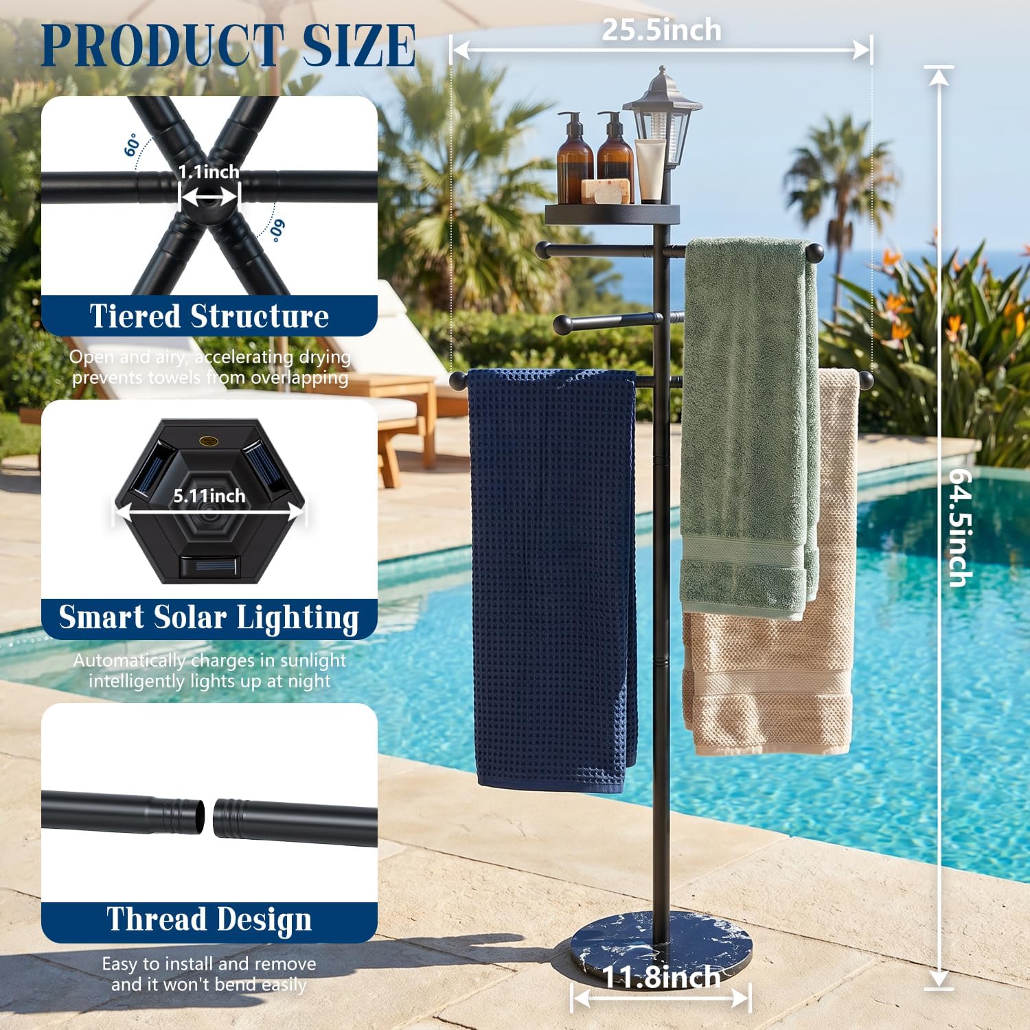 Pool Towel Rack Outdoor with Solar Light, 64" Heavy Duty Pool Towel Holder with Weighted Marble Base, 3-Tier Freestanding Outdoor Towel Rack with Storage Tray for Pool, Hot Tub, Backyard