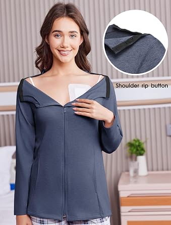 Deyeek Mastectomy Shirts with Drain Pockets Post Shoulder Surgery Tops for Women Chemo Port Long Sleeve with Zippers