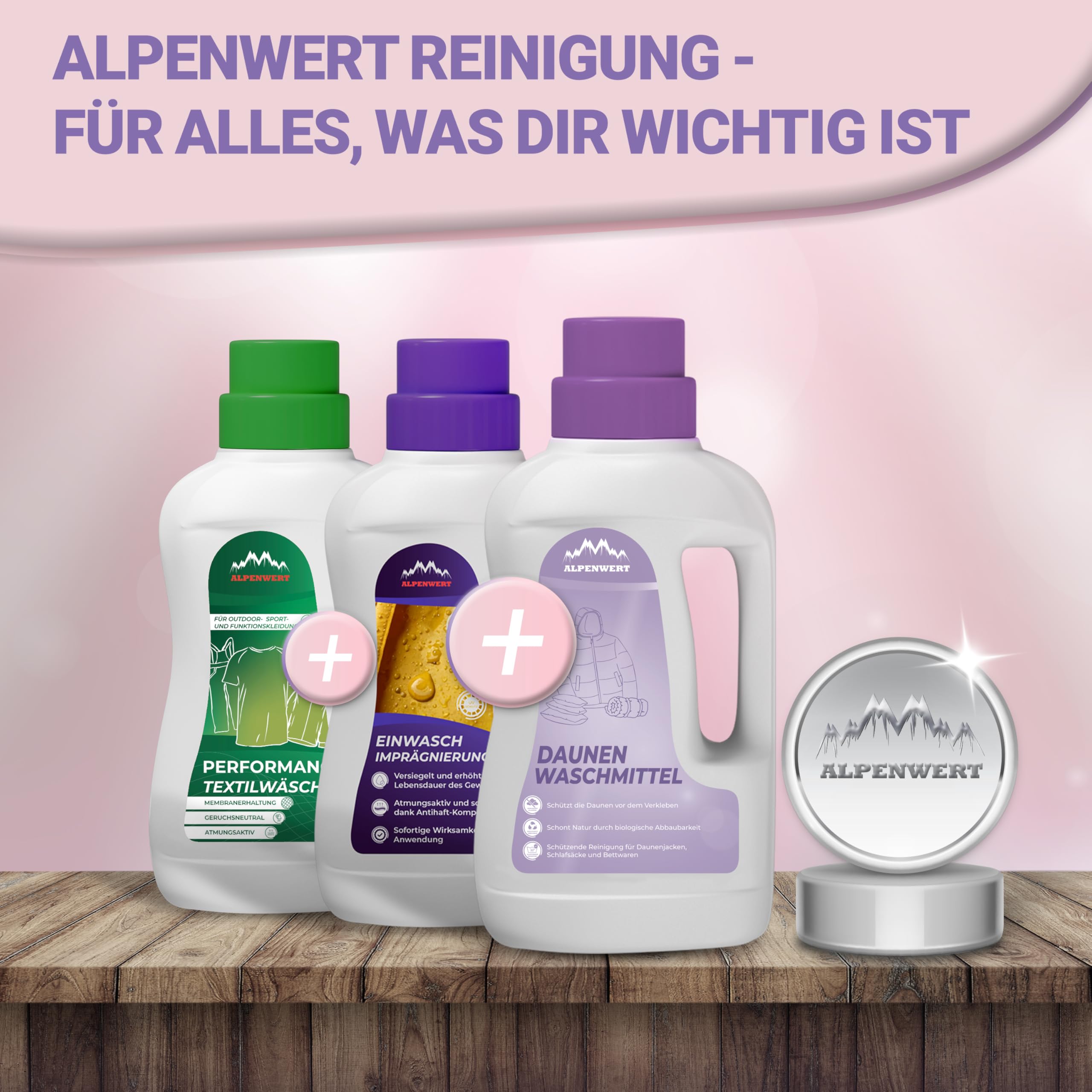 ALPENWERT Daunenwaschmittel 2x1L - Spezialwaschmittel für Daunenjacken, Bettdecken, Schlafsäcke & Kissen - sanftes Waschmittel für fasertiefe Reinigung & Pflege mit frischem Duft - Made in Germany