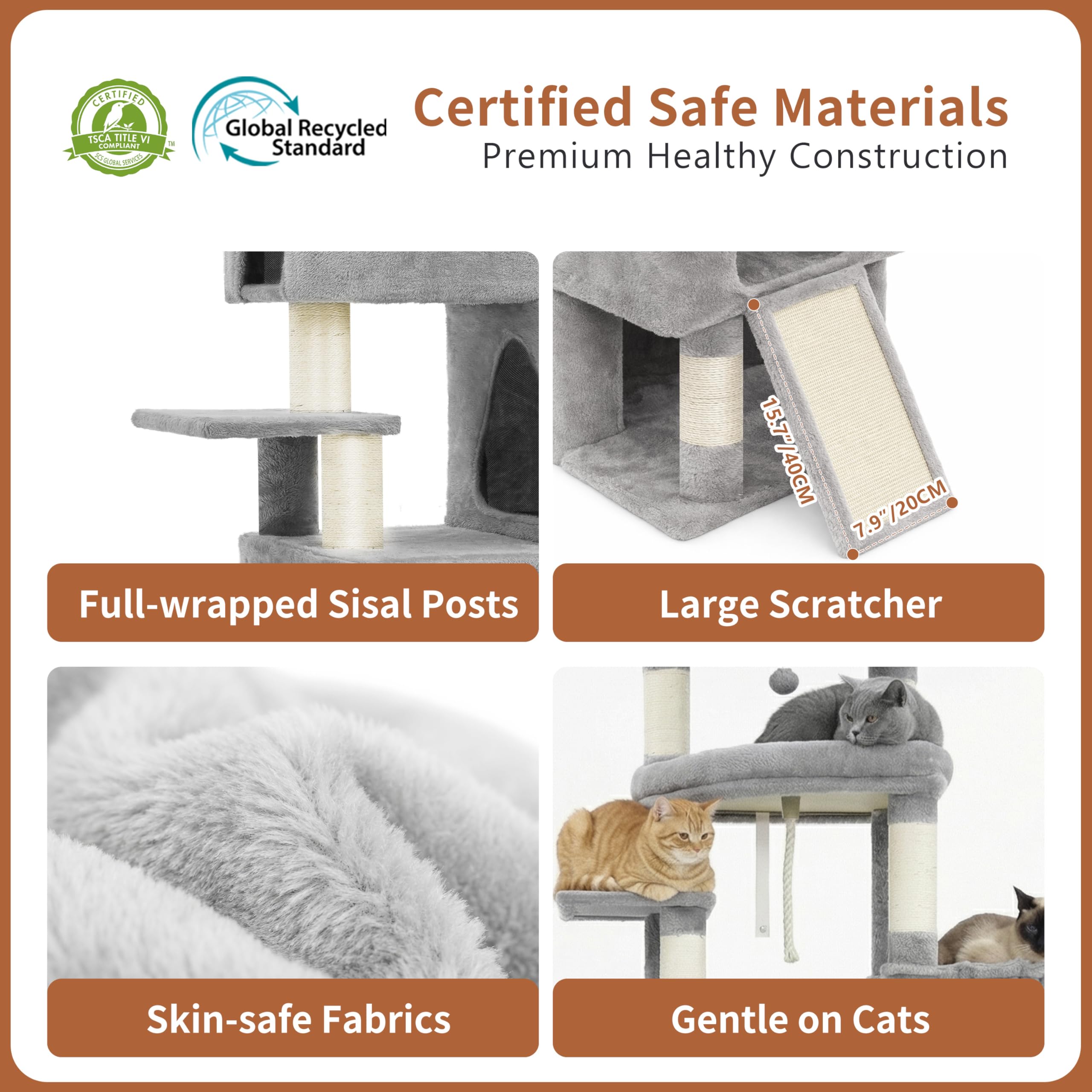 Heybly Rascador para Gatos XXL, 188 cm Árbol Rascador para Gatos Grandes, Torre de Múltiples Pisos, 3 Cuevas Escalonadas, Amplias Perchas Descanso, Postes y Tablas de Sisal, Gris Claro HCT061W