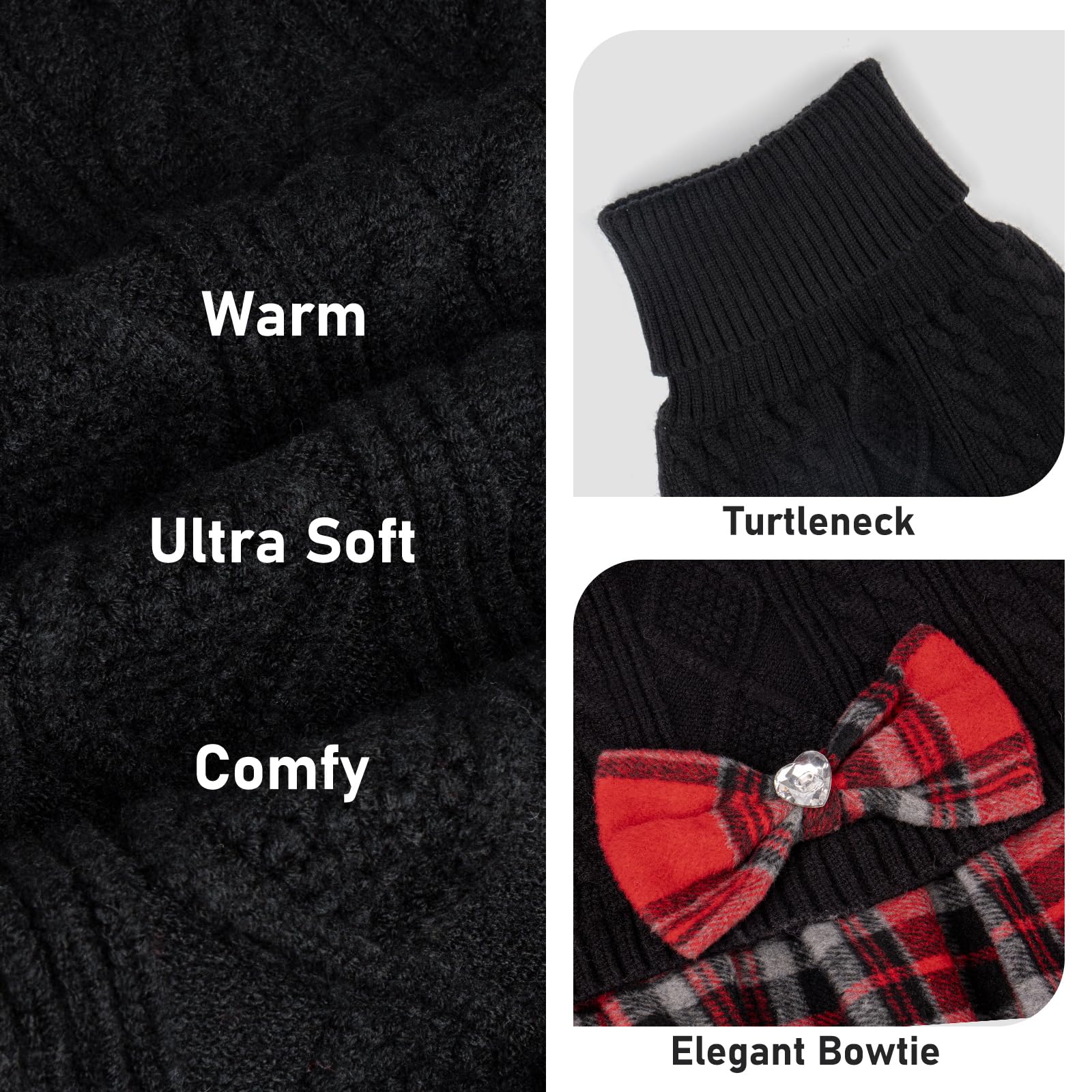 KYEESE Hundepullover Kleid mit Leine Loch Fliege Kariert Rollkragen Hundepullover für kleine Hunde Warm Haustier Pullover Schwarz